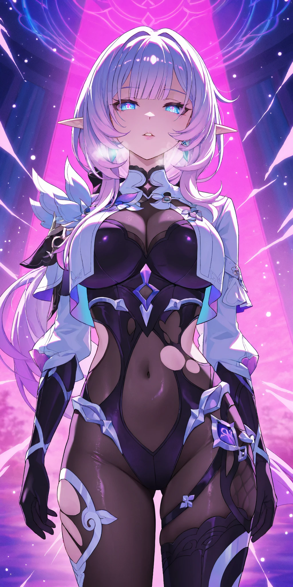 ((masterpiece)), ((best quality)), ((HD 4k)), ((brown skin)), ((perfect anatomy)), ((older woman)), woman, ((female face) ), Happy, ((smiling, open mouth)), ((light lilac eyes)), Eyelid, Sclera, Iris, eyebrow, eyelashes, fox ear, nose, ((giant lilac hair)), ((fringe)) , ((hair details)), ((light effects on hair)), ((sweatshirt)), ((tights)), ((lights effect on clothes)), ((body lights effect)) , neck, shoulders, ((big chest)), arms, ((thick legs)), ((big thigh))