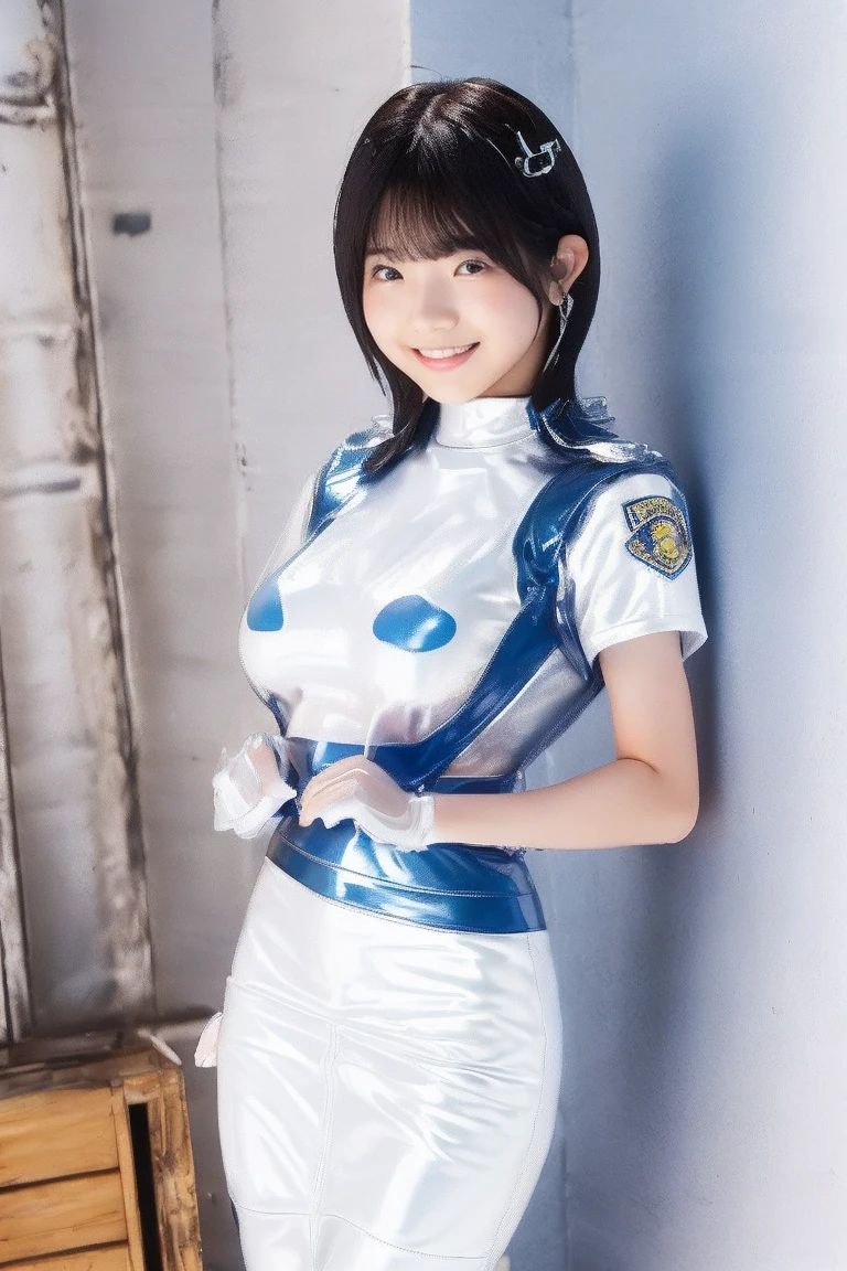 (masterpiece: 1.21), (highest quality), very detailed, super detailed, 1. Short-haired girl, (fantastic scenery: 1.2, Natural light: 1.5, confident look), (panorama: 1.2), smile,  ((13 year old Japanese girl, young face, baby cuteness)), (((camel toe))),  (8k、ultra high resolution、highest quality、masterpiece、realistic、ultra high resolution)、((((girl、light blue enamel power ranger、big chest、always cover all breasts))、Wearing a light blue leather full body suit、(big emblem on the chest、Always wear a belt with a large buckle)、Shopping mall、Full body model pose:1.4))(white suit、black hair、Truly a Sentai Hero、cute smile:1.1)、(((slim、thin waist、thin thighs、long legs、thin arms、very short hair)))