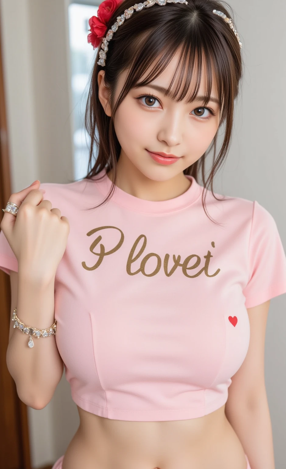 (Japanese Idols, 1 girl, Unparalleled beauty, Seduce, smile, Small face, Perfect Style, Body based on human mechanics, RAWphotograph, Real person:1.4) photograph, (Professional Lighting), (((Highly detailed face))), ((double eyelid)), (Boobs Sharp Focus:1.4), (Brown Hair, ponytail, Elegant light make-up, eyeliner, mascara:1.4), Huge breasts, Beautiful smooth skin, Soft Skin, 20-year-old, ((slender body)), (A short pink T-shirt, The underboob is visible, Nipples exposed, Tifa Lockhart:1.4), Attractive face, NSFW,