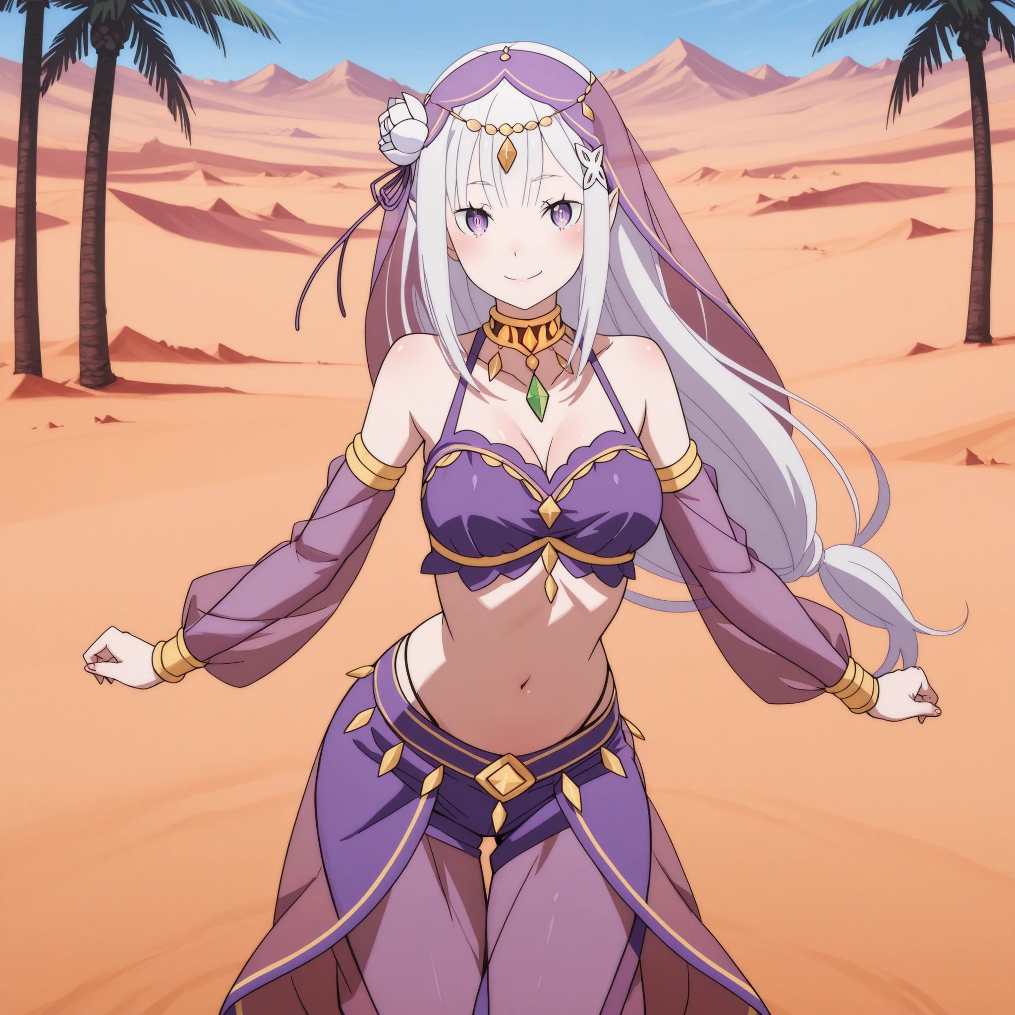 1girl:1 . 5) , (Seul:1 . 5) , score_9 , score_8_haut , score_7_haut , source_anime , Official work , ultra-detailed , masterpiece , best quality plaid shorts , high res , beaux yeux , detailed eyes , Detailed Face , beautiful detailed eyes ,RE:ZERO, Emilia , Arabian Clothes , Arabian Dancer ,belly dancer costume , veil , golden jewelery,harem outfit, harem skirt, harem pants, Transparent pants, belly dancing, harem veil , desert landscapse, palm tree , seductive smile, dancing with veil, dynamic movement, sexy pose