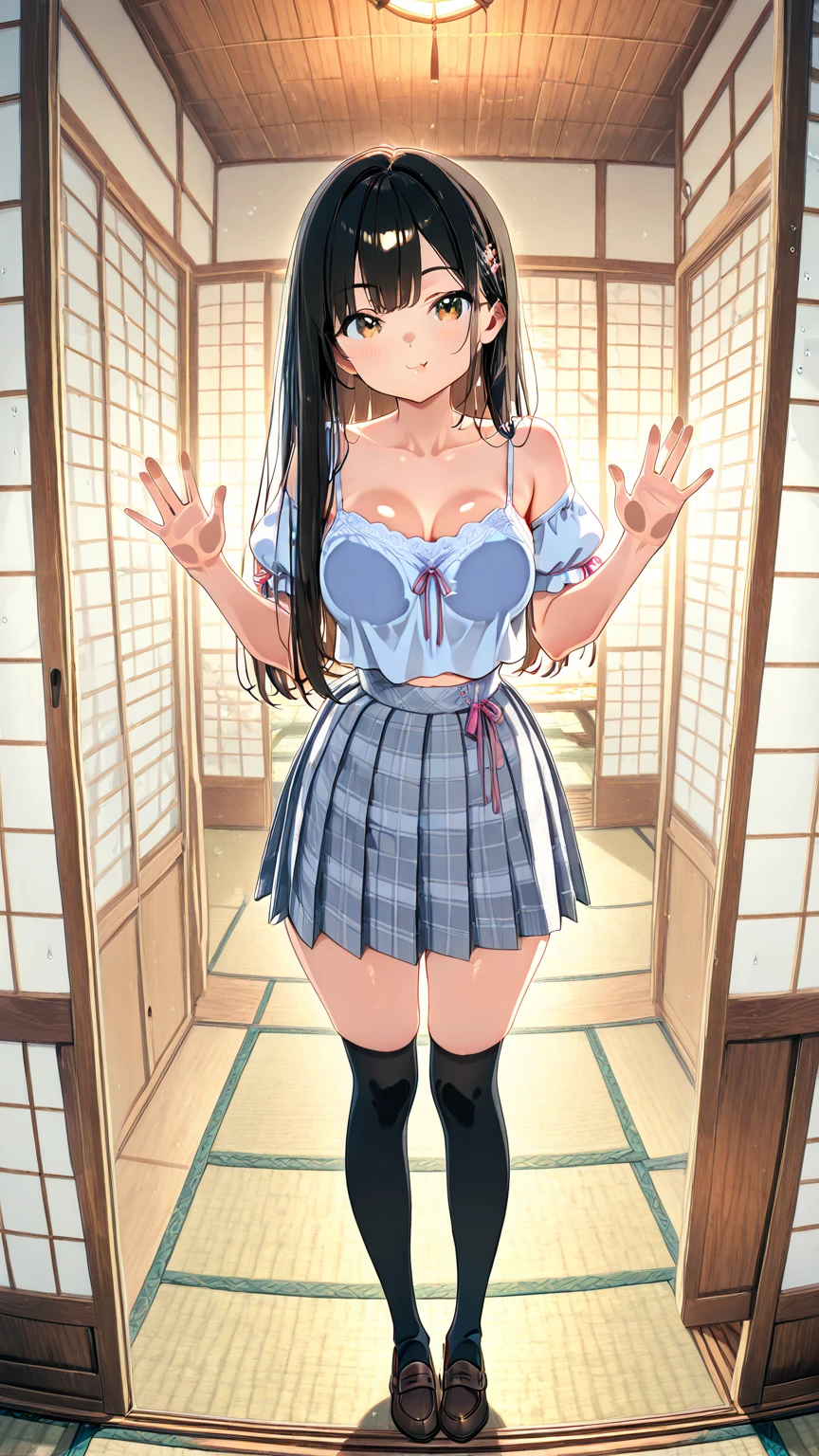 (((medium breasts))), ((best quality)), ((masterpiece)), (detailed), (((perfect face))), (((slender 16yo teenage girl with both arms up, hands behind head))), (((dark blue pleated skirt))), ((brunette, dark brown hair)), ((short ponytail)), (((blue eyes))), ((shy:1.3)), ((blushing:1.5)), ((skinny thighs)), ((skinny hips)), (((bare legs))), (((standing facing window))), (((topless))), (((bare arms))), (((bare shoulders))), (((bare stomach))), (((wearing sneakers)))