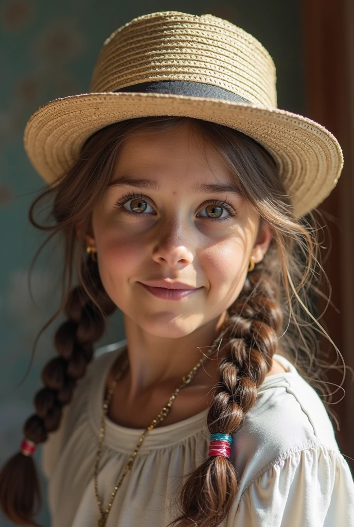 10 year old girl russian child, fechar para cima, retrato, com longos cabelos loiros, in a cowboy hat, fundo laranja.