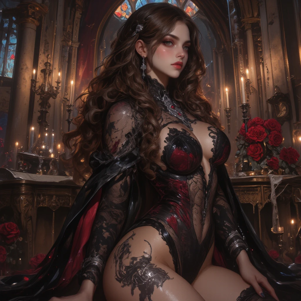 woman,30 years old, finely detailed eyes,feral eyes,skin light tone,black hair, intricate details, portrait, looking at viewer, solo,(full body:0.6), detailed background, detailed face, scary smile,pride pose,Majestic Scary black queen outfit,dark ambience,high fantasy medieval setting,scary Throneroom , sitting on a throne of bones,Black Magic, (reclined on bed)) ((Morticia from the addams family series)) ((beautiful face)) ((pale skin)) (red lipstick) ((long black hairstyle)) ((very huge breasts) (perfect slim body) ((wears tiny string black lingerie, garterbelt)) ((choker)), ((posing sexy inside bedroom on haunted mansion)) (high definition, dynamic lights and shadows) ((masterpiece)) (8k) (perfect face) (best quality) (perfect hands) (8k, RAW photos, top quality, masterpiece: 1.2), (realistic, photorealistic: 1.37), transcendent beauty, young and cute, dimly lit bedroom, professional lighting, sweaty skin, big, nipple tips protruding, areola protruding, pubic shape clearly visible, toned thin waist, Pubic hair sticking out, crotch open, lying down, crotch spread wide, sensual, sensational, amazing artwork of sexy cute goth vampire woman, long hair, ahegao, (full body), materpiece, d, amazing lighting, in a church, artstation, award winning, stunning, aesthetic, depth, shading. A (full shot) of a beautiful vampire goth woman with vampire fangs dripping blood all over her body, black hair white skin, big , cinematic lighting, candlelit, (wearing stockings), ((naked)), delicate nipples, tight pussy, beautiful legs, Realistic, photorealism, 4k. Sexy gaze, masterpiece, best quality, night city, 1girl, realistic, cute face, rain coat, beautiful, colourful, neon lights, cyberpunk, smooth skin, artstation, painting by stanley artgerm lau, extremely detailed 8K, smooth, high resolution, ultra quality, highly detail eyes, highly detail mouth, highly detailed face, perfect eyes, both eyes are the same, true light, glare, Iridescent, Global illumination, real hair.