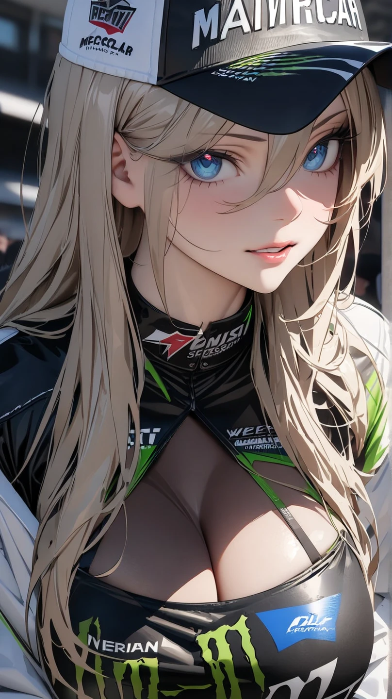 a detailed masterpiece portrait of a beautiful blonde woman with green eyes wearing a racing suit, extremely detailed face and figure, long hair, photorealistic, professional lighting, vibrant colors, cinematic composition, big breast, sensual Perfect body
