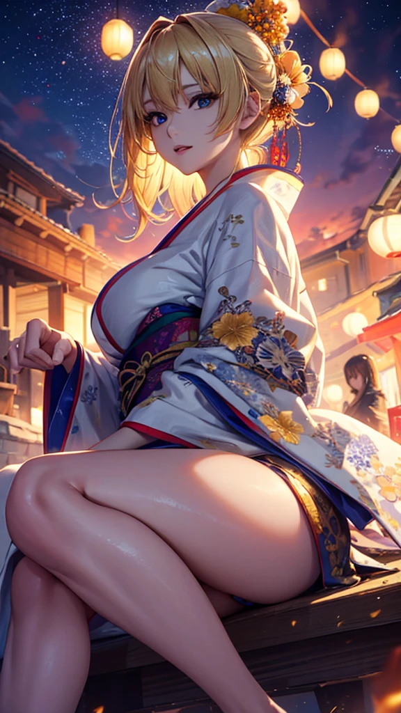 masterpiece, exquisite, high-resolution, single woman, blonde, medium hair, asymmetrical hair, floating hair, blindfold, high ponytail, side lock, hair ornament, tassels, kanzashi, bangs, orange eyes, mouth open, smile, teeth, upper teeth only, choker, red choker, pendant choker, butterfly choker, collarbone, tattoo, chest tattoo, flower tattoo, cleavage, large breasts, Thighs, Chest sarashi, Black sash, Hadanugi dosa, Broomstick, Kimono, Drawstring, Obi , Obi age, Obi jime, Orange kimono, Drawstring, Patterned kimono, Rope, Obi , Shimenawa , Short kimono, Bare shoulder, Genshin, East Asian architecture , Cherry blossoms, Full body, squatting, Sparkler, Night, fireworks, fireworks, cross legs, Feet, Single glove, Single fingerless glove, Wristband,  Black socks, white underwear