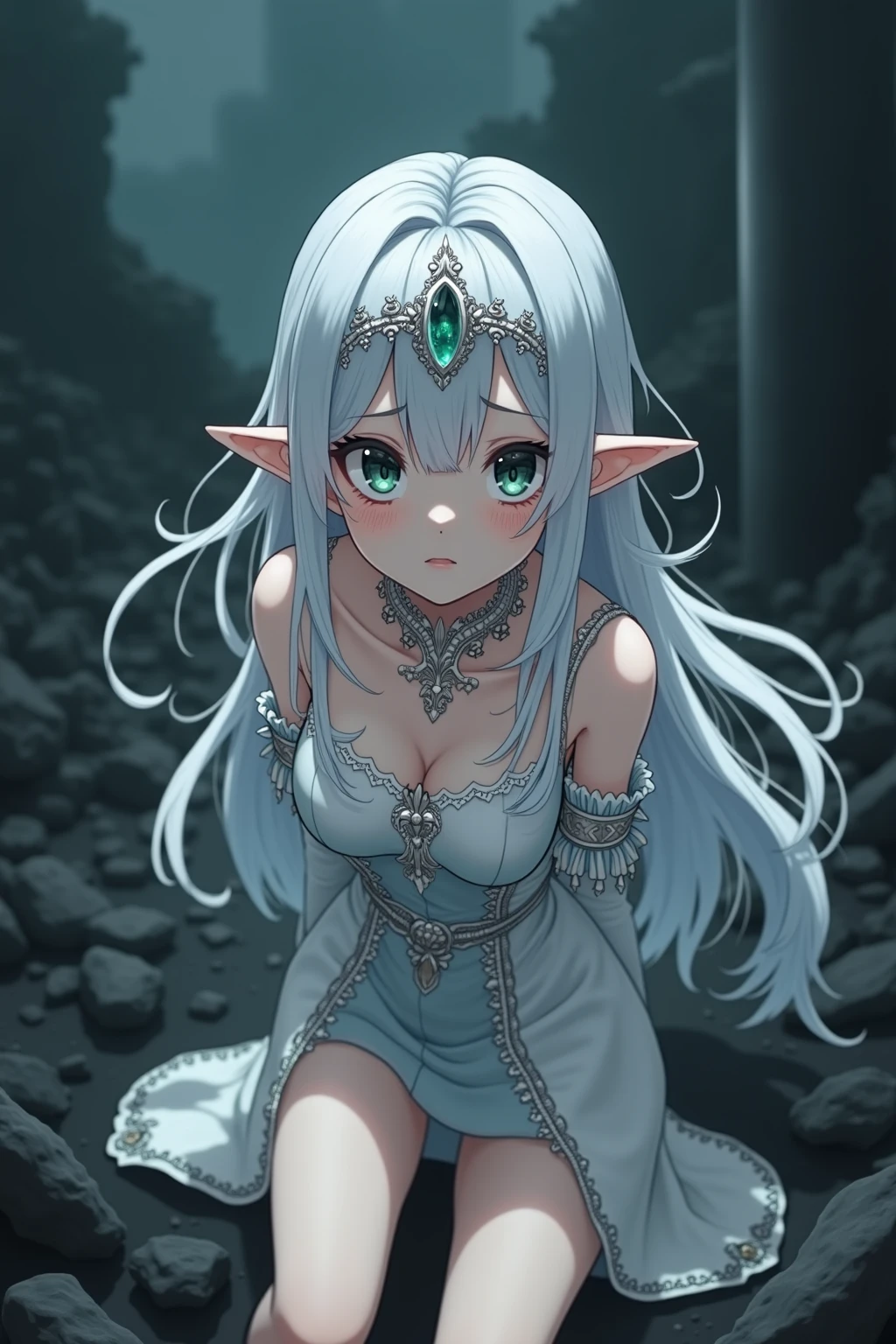 Beautiful girl anime style　Silver-haired elf naked and collared。With small breasts and a thin body、Hands tied、Put in jail、Are crying。