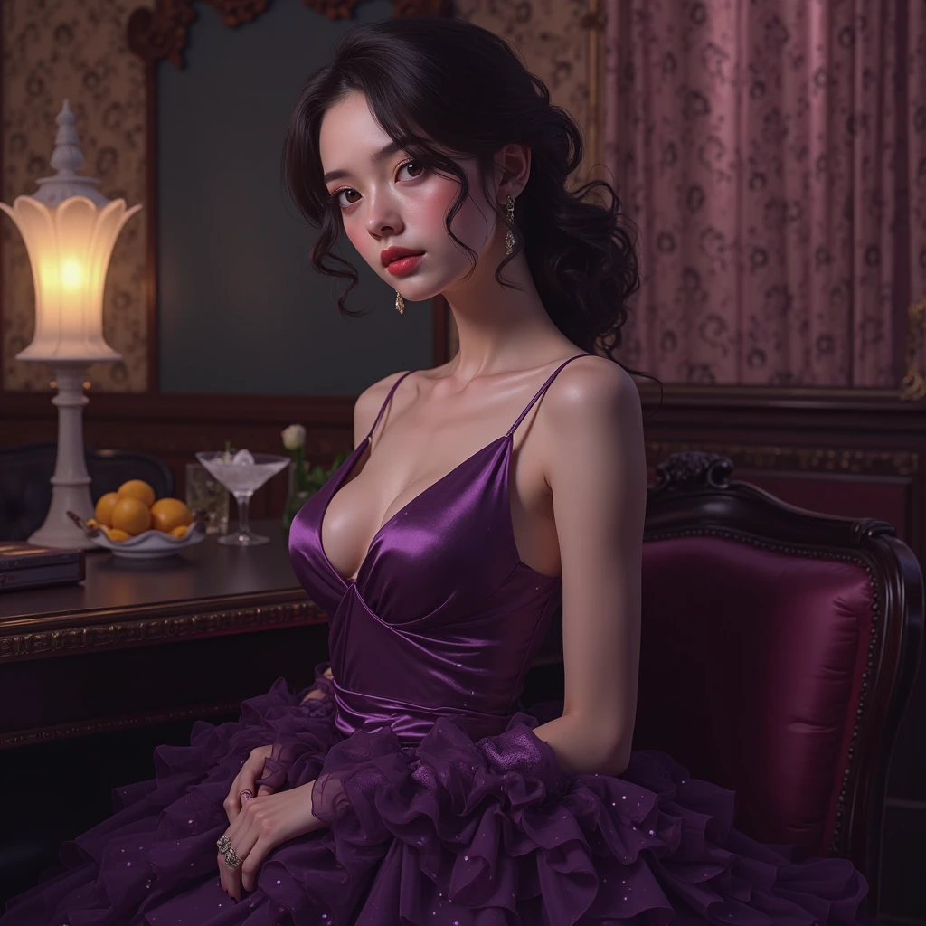 A high-definition, whimsical portrait of Belle from "Beauty and the Beast." She is seated at a grand piano in a lavish, candle-lit ballroom. Belle is wearing a dreamy, lavender-colored dress with sparkling sequins, and her hair is styled in soft, romantic curls. The ballroom is filled with floating lanterns and fairy lights, creating a magical atmosphere. Belle's expression is serene and content as she plays a beautiful melody, the music notes floating around her in a swirl of magic.