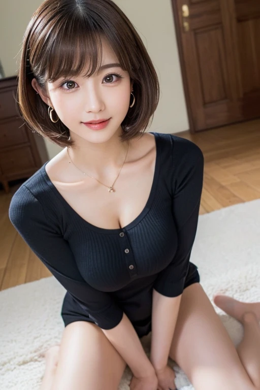 Japanese woman,knit sweater one piece、A big smile,(((Sitting with Knees Up on sofa at living, spread legs,:1.3)))、Raise your hands above your head、
(((masterpiece))), ((highest quality)), ((Intricate details)), (((Super realistic)), An absurd solution, Near and far, Very detailed, Realistic, One Girl, ((Big and ample breasts under the t-shirt)), Perfect hands, Detailed fingers, Beautiful and fine details, short hair,,(Black tight skirt:1.2), Detailed Background、Bright interior,White blouse, Perfect Eyes, Captivating eyes, Look at the viewers, from the front、Laughter、Mole on the mouth,black tights、pink lace panties,black foot stocking