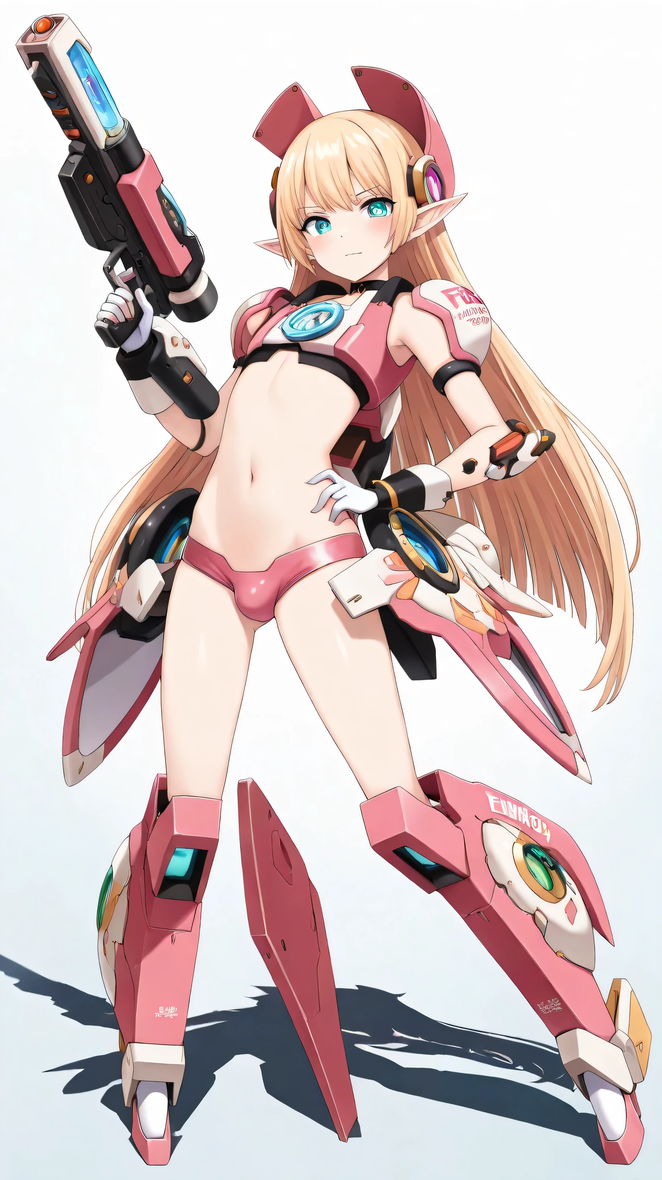 (((best quality, masterpiece))), anime, space(((supernova))), elf, 1boy(((otoko no ko, femboy))), 17years old, pink_longhair, straight_hair, turquoise_eyes, crossdressing, girly, flat_chest, mecha musume, focus navel, laser gun, headgear, pink armor, fullbody