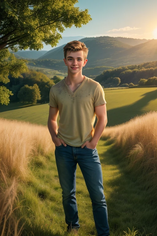 ((OPEN SHIRT))), SHORT PANTS, AS KID TOM HOLLAND, A young boy with a bright smile and curious gaze stands tall in a lush green meadow, surrounded by wildflowers. His blonde hair, SHORT HAIR, UNDERCUT HAIR, ruffles gently in the breeze as he surveys his surroundings, dressed in a simple white shirt and worn jeans. The warm sunlight casts a golden glow on his freckled face, and the soft focus of the image draws attention to his adorable expression.,photorealistic