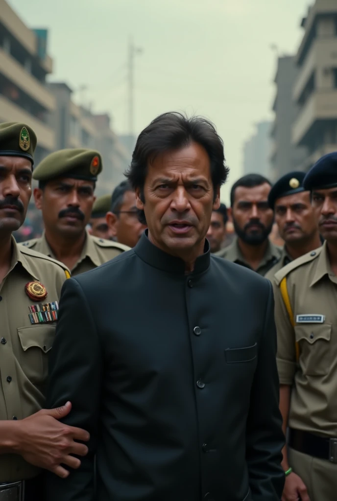Pakistan Tehreek-e-Insaf Chairman Imran Khan was accompanied by a policeman the age 21 with beard in the black shirt and black cap on the stage of the meeting hall surrounded by green and red flags
