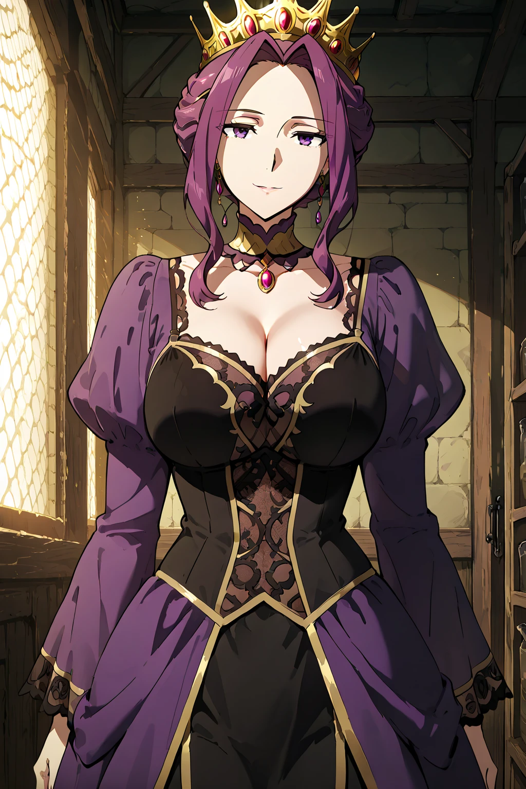 1girl, alone,mirellia_q_melromarc, milf, 1girl, alone, standing, (huge breasts), dress, cleavage, (skindentation), juliet_sleeves, crown, collar,
purple_hair, purple_eyes, lips, jewelry, earrings
embarrassed, smile, castle, perfect hands, perfect anatomy 