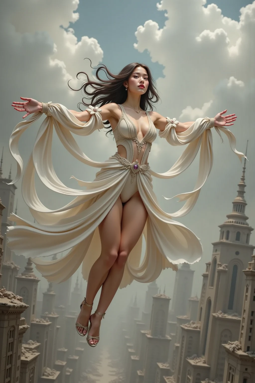 beautiful woman floating in the sky、no makeup、beautiful feet、high nose、intellectual beauty、The world in a dream、A glittering world、torn costume、In underwear、poor costume、Bright light shines、