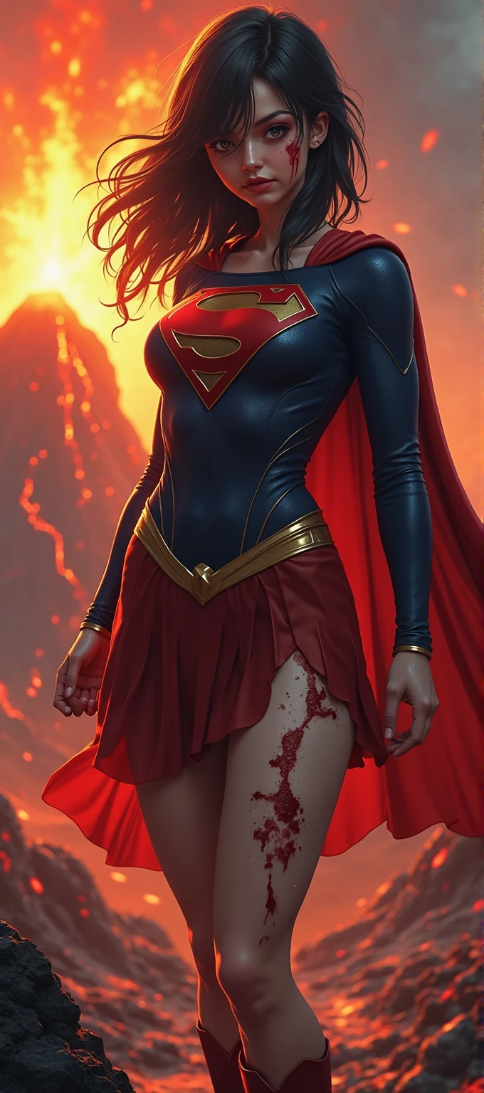 highest quality, masterpiece, ((crucifixion:1.5)), (execution), supergirl bodysuit, horrified, bleeding, ((Woman in crucifixion at the cross:1.5)), crucifixion, blue suit, Superman logo on chest, red skirt,((Torn costume)), ((Tearing of clothes)), (tattered clot(many bruises on body)), scars on body, wounds on body, injured face and body, a devastated world, ruins, abandoned building, (burning at the stake), ((roasted over fire:1.2))