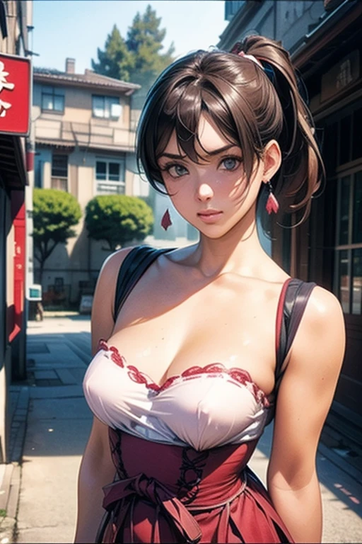 araffed woman in a pink top posing for a picture, big breasts, smooth skin, gorgeous model, wlop glossy skin, pink body, goddess, seductive tifa lockhart, wearing sequin shiny bikini top, cleavage, with shiny skin, beautiful girl, photorealistic perfect body, shiny glossy skin
