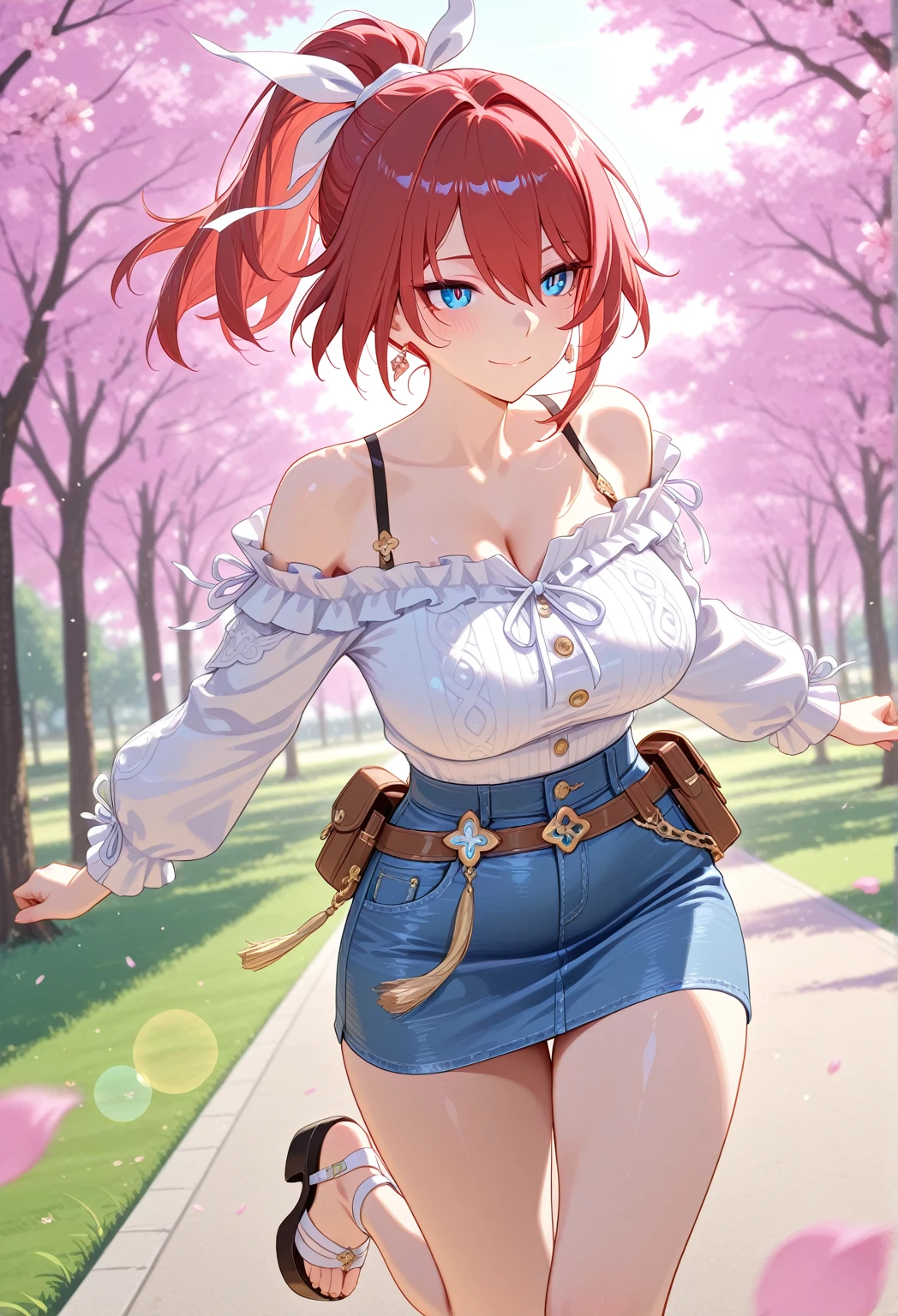 (masterpiece, best quality:1.1), merchant (dq3), 1girl, solo, from behind, short hair, ponytail, pink hair, blue eyes, large breasts, cleavage, white dress, strapless dress, blue vest, red sash, white pants, jewelry, earrings, bag, smile<lora:DQ3MERCHANT-000005:1>