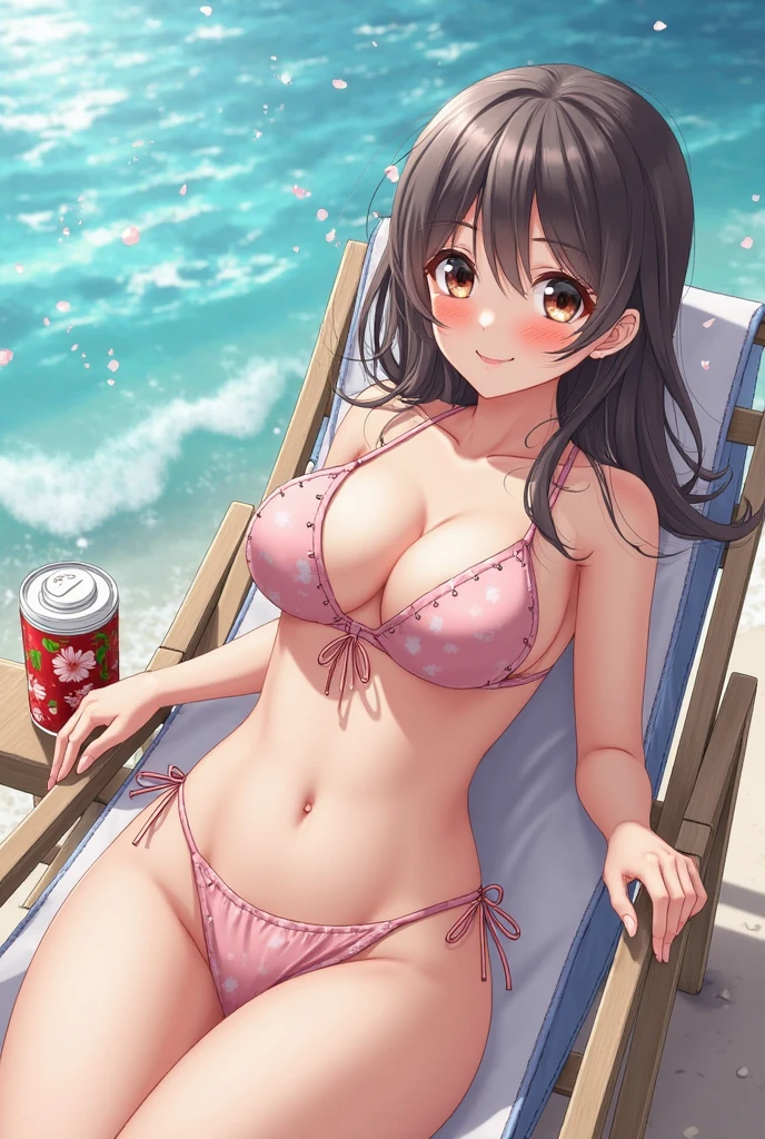 [big boob], cleavage, vanilla, ice cream, melted, sheer blouse, see, bikini, flower, sweaty, cute face, small face, summer, long hair, red hair, pony tail, girl, sweaty, blue ocean, blue sky