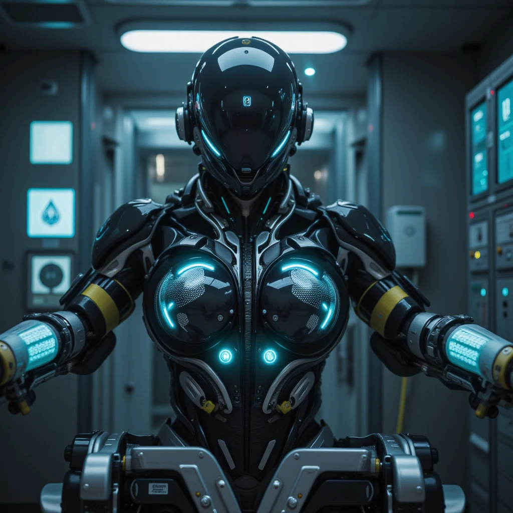 8K, Raw photo, highest quality, masterpiece, Very Long Shot, aerial view, cinematic lighting,| female cyborg with exposed mechanical parts, She wears cyberpunk full armor with pants and dynamic shooting poses to showcase her agility as she moves through the futuristic landscape, breaking off the heavens