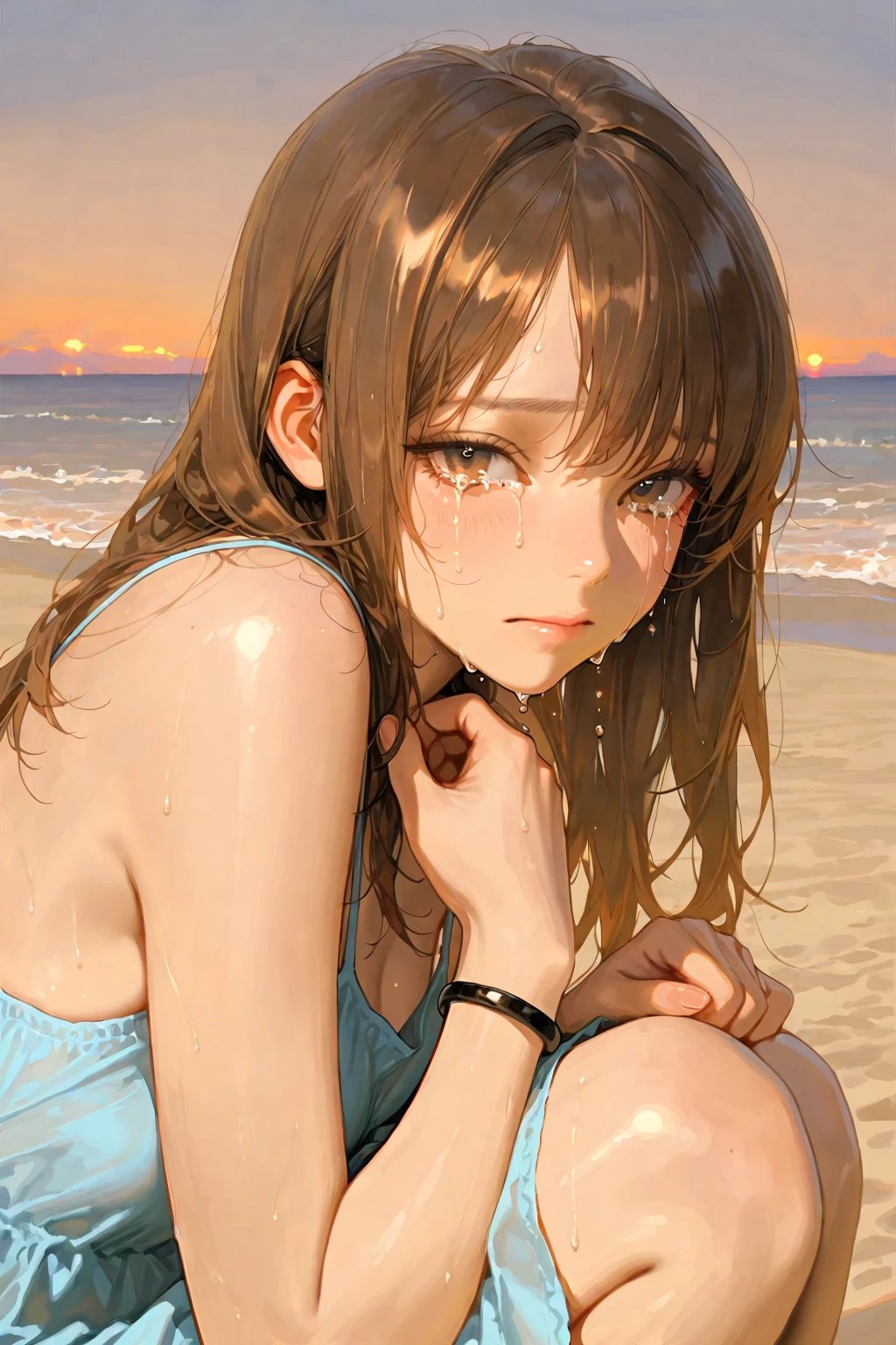 Exquisite (slim (skinny)) Girl 16 years old (with a perfect, very beautiful gentle face and almond-shaped eyes) (with a southern skin tone and soft lips) (with amber hair) (with freckles) (costs (waist-deep in water)) ((nude)) (with tender (small beautiful breasts)) ((with soft pink nipples)) (barefoot) In the middle of a big river (((and pees in the water))); ((Sunset Evening Amber Light)), (((backlighting, backlight, against the light of the setting sun, silhouette))), ((caramel soft warm shades)); (Warm summer late evening), ((Warm sunset light)); draw ((in watercolor style)); ((very beautiful exquisite face)); (high image quality, high detail), ((discreet faded shades, pale expressionless colors, imitation of film photography, diffused soft light)); ((big alien eyes), skinny); ((delicate shades)), (sfumato)