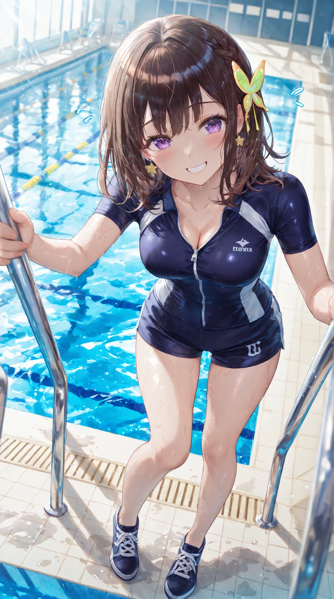 (Masterpiece), 8k wallpaper, solo, Watanabe you, standing, school hallway, one-piece swimsuit, v-neck, low cut at hips, game cg, perfect anatomy, ass view