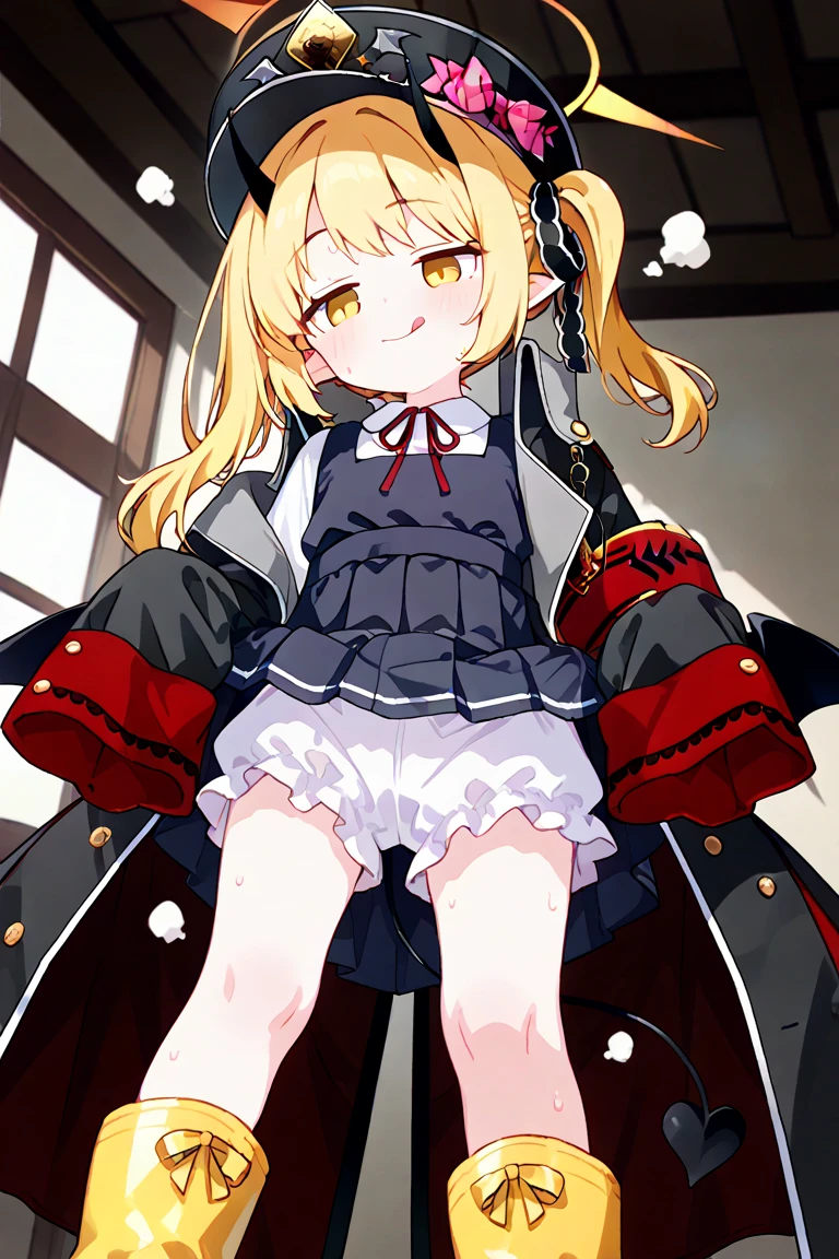 1girl, evil neuro-sama red eyes, light brown hair, ahoge, two side up, hair ribbon, dark red ribbon, heart hair ornament, black dress, frilled dress, off-shoulder dress, bare shoulders, frilled choker, long sleeves, red bow, red buttons, black heart, black socks, frilled socks, no shoes, (masterpiece, best quality), highly detailed, finely detailed, blurry background, depth of field, backlight, light particles, bokeh, sweat, steamy body, cat ears, cum, cumdrip, bukkake, facial, cum in mouth, cum on clothes, cum on hair, cum on body, cum on ass, cum on pussy, upskirt, no panties, cleavage, covered nipples, standing, legs apart, dress lift, lifted by self, smug, pubic tattoo,
