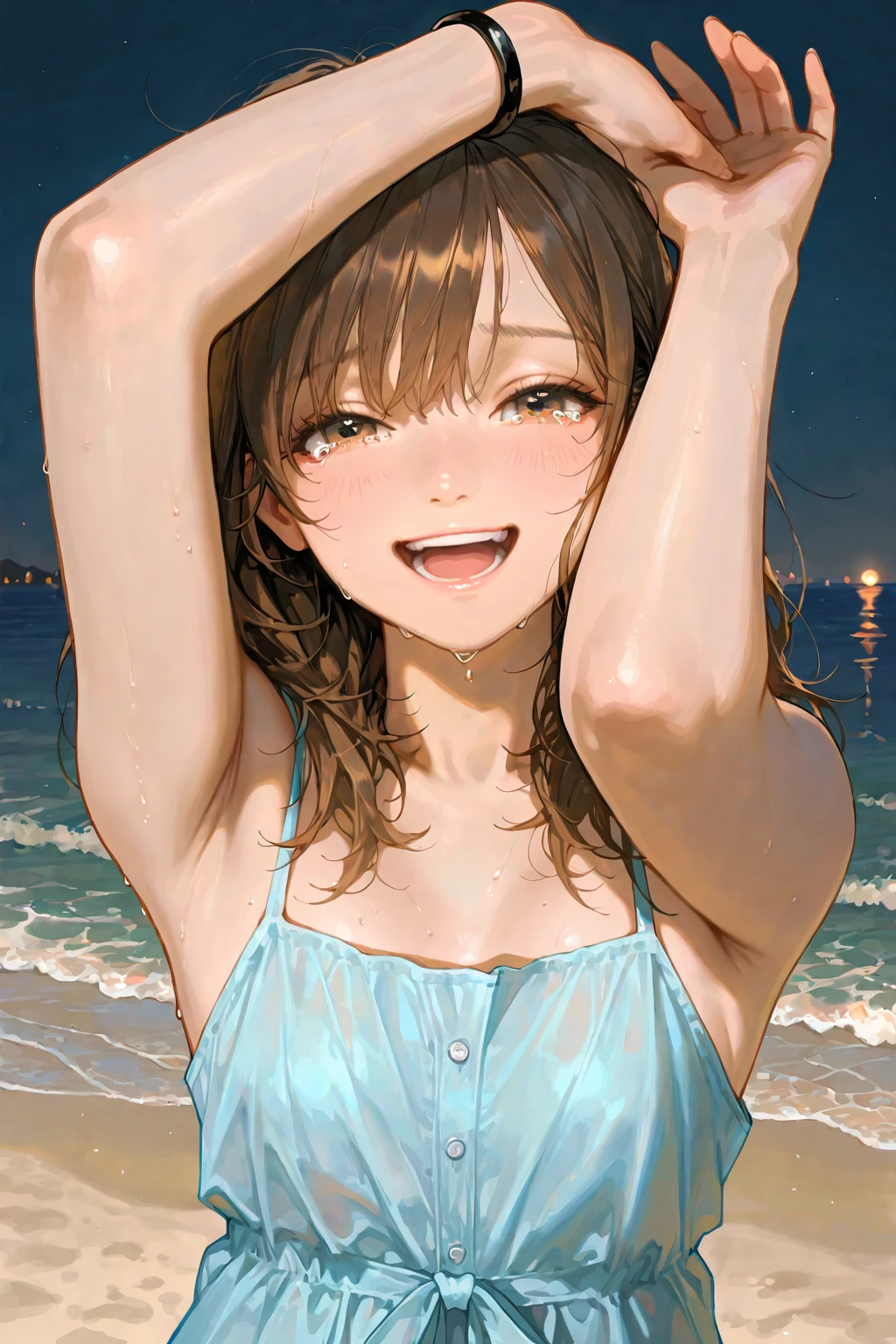1 young girl，Washing hair in a bikini at the beach，With eyes closed，Look up，The water from the shower poured down on her face，Smile，Beach