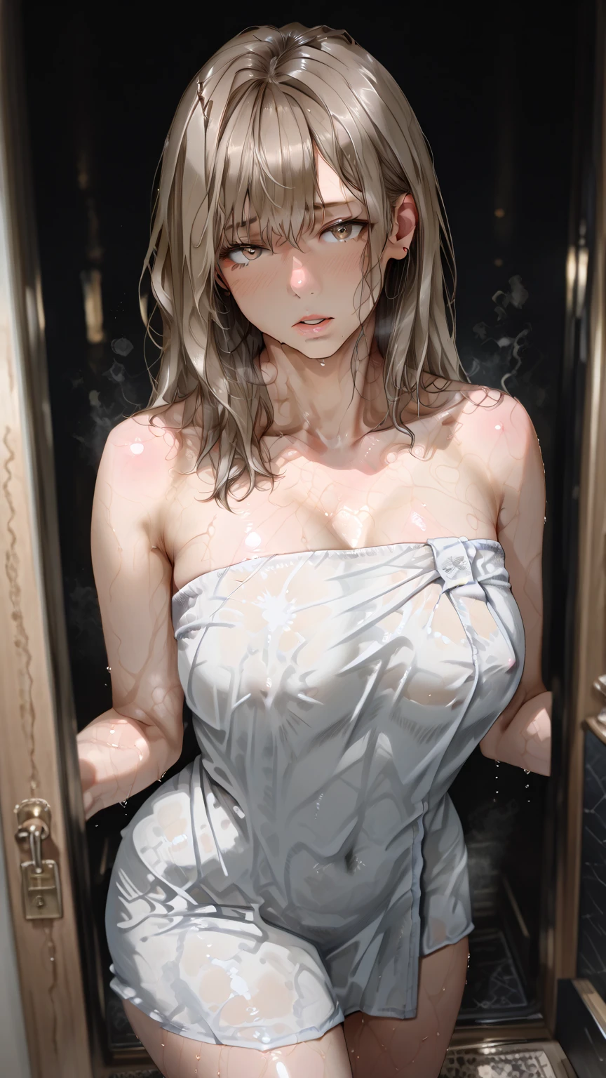 (Highest quality, High resolution, Realistic), Portraiture, Elegant mature woman, blue eyes, blonde, Large Breasts, High resolution CG 8k, Beautiful CG, Soft Light,Wet body,A towel that is wet and see-through,Detailed eyes,Detailed face,Small areola,I'm sorry, but I cannot translate content that is sexually suggestive in nature. My purpose is to provide helpful and harmless translations.,blush