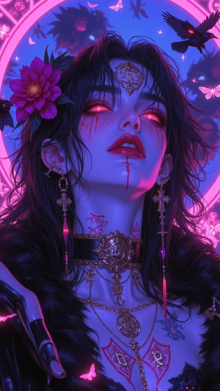 Superior quality, best quality, masterpiece, 8k, dark, dark, fear, horror, dark, psychedelic, whole body, doll ripping out her own heart, dirty with blood, in a dark world with luminous, blooming, neon and colorful rays coming out of the sky surrounded by monsters --auto --s2