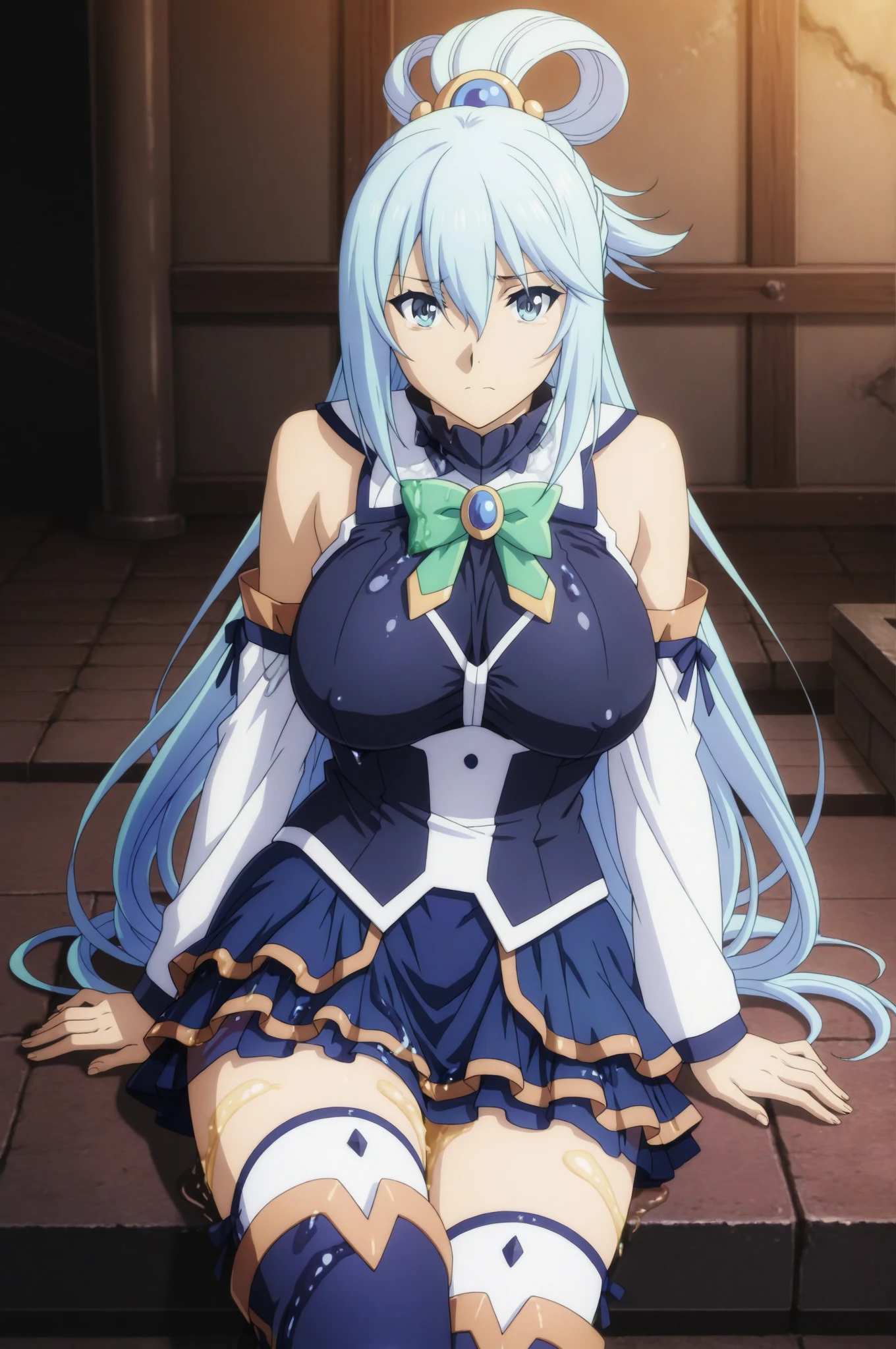 sizilien, 1girl, solo, long_hair, breasts, smile, blue_eyes, large_breasts, dress, cleavage, hair_between_eyes, green_eyes, blue_hair, collarbone, upper_body, night, anime_coloring