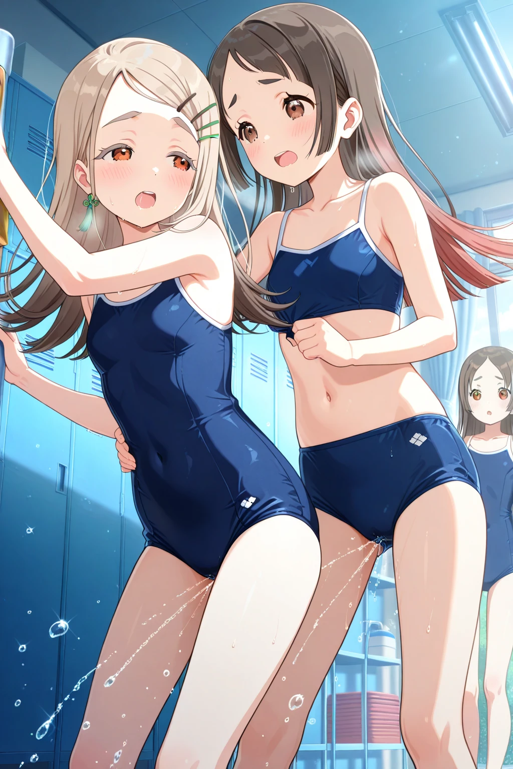 Highest quality、Realistic、、zoom、Primary school students、cute、Light grey eyes、Black Hair、short hair、Tanned brown skin、Dark Skin、Light pink bra with small character print、Light pink panties with small letters printed on them、Embarrassed laugh、Flat Chest、。Low length、Bust Shot、Shower room、