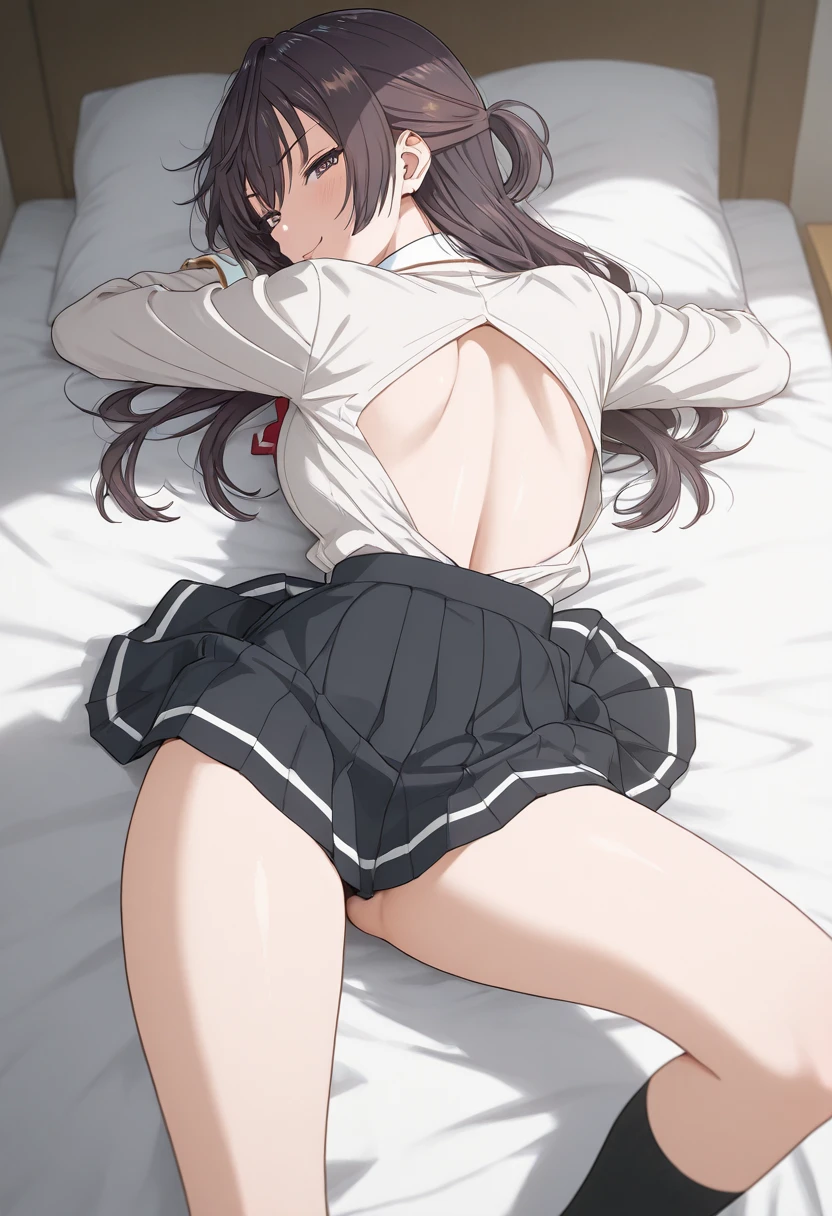 nsfw,Viewer Caution,suzune horikita, (Red eyes:1.3),lying on bed,Show the whole body,Spread your legs,M-shaped legs,Hands are pillows,Hands behind head,uniform,White panties,Panties in full view,Beautiful legs,Hair Ribbon,