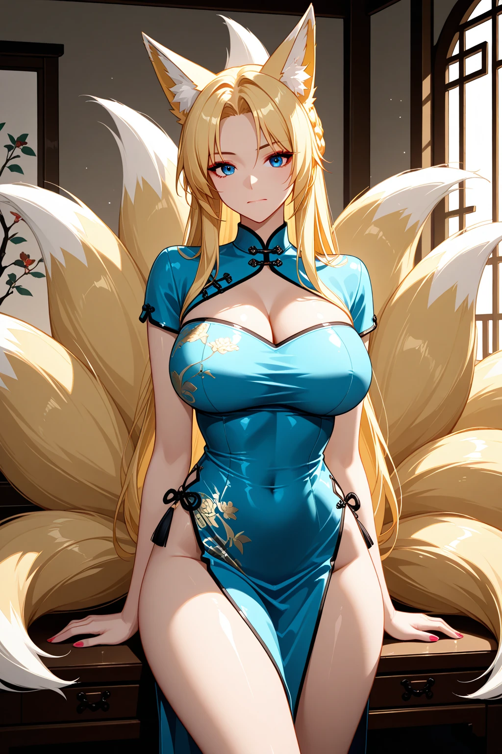 1 beautifull kitsune queen, hands behind, hairs covering ears,blonde hairs, french braid, hair hide ear, hime cut, very long hair, heart-shaped pupils, animal ears,european face, fox ears,"long orange fox ears with black tips", covering ears, kemonomimi mode,tail emanating(9 tails fox),huge tits, large hips,((fully clothed)),"miku clothes", no nsfw, high detail, depth of field, masterpiece, anatomically correct, high quality, award winning,(masterpiece, best quality),sunny,((extremely detailed background)), traditional temple, facing viewer,action pose,Beautiful Finger,Beautiful long legs,Beautiful body,Beautiful Nose, perfect face,(mature:1.1),(milf:1.1),(mature female:1.3),make up,parted lips,(shiny skin:1.3),(perfect female body:1.2),(gorgeous detailed skin),(detailed hair), masterpiece, high quality, highres, absurdres,(beautiful and aesthetic:1.2), beautiful hand, 4k, 8k, perfect balance, detailed aqua eyes, perfect eyes, expressive eyes, looking at viewer, expressionless, ray_tracing,intricate details,depth of field, extremely delicate and beautiful, (Beautiful,), (beautiful_face:1.5)