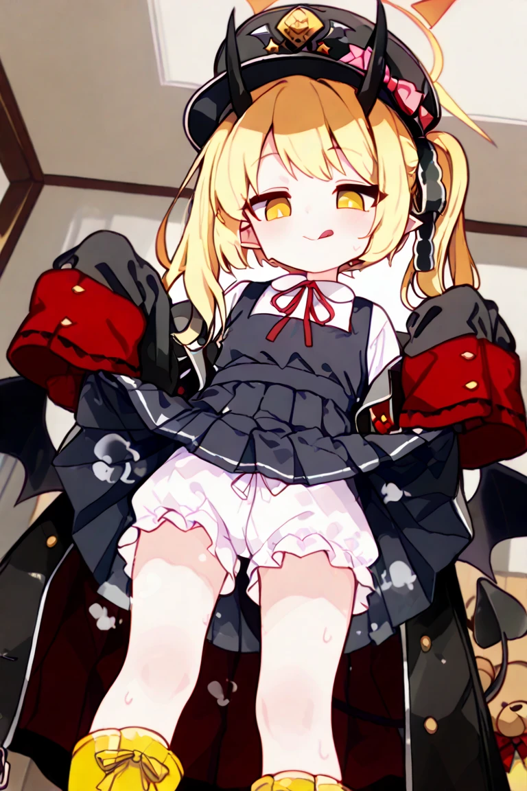 ((loli)), ((child)), ((petite)), flat chest, standing, solo, long messy twintails, blonde hair, red eyes, fangs, (fancy black/red vampire dress), ((smug)), short black skirt, black leggings, fishnets, ((skirt lift)), ((bottomless)) ((exposed pussy)), pussy juice, ((dark dungeon)), ((dynamic pose)), looking at viewer, cinematic lighting, volume lighting, bright tone, warm color, colorful, masterpiece, super detail, high quality, best quality, highres, 16k,