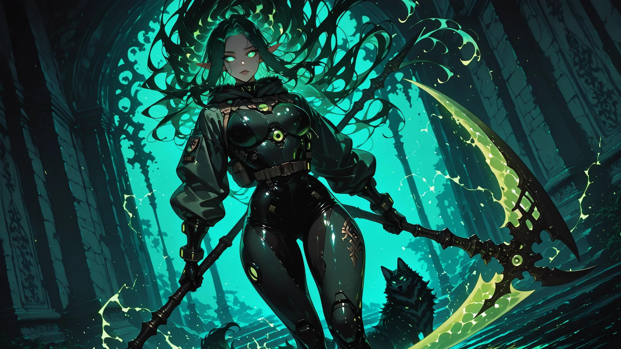 Flatline, Flat vector illustration,,masterpiece, best quality, good quality, very aesthetic, absurdres, newest, 8K, depth of field, focused subject, dynamic angle, dutch angle, Tall female elf knight , green glowing hair, glowing eyes, wearing detailed 40k power armor, green electricity sparks,standing next to giant green glowing wolf companion, , wielding a glowing scythe weapon, magical wolf companion, holofoil glitter, faint, glowing, ethereal,hoody, fur, long hair, glowing hair, flowing hair, otherworldly glow, dangerous, magical temple in background, temple in background, hkcompanion