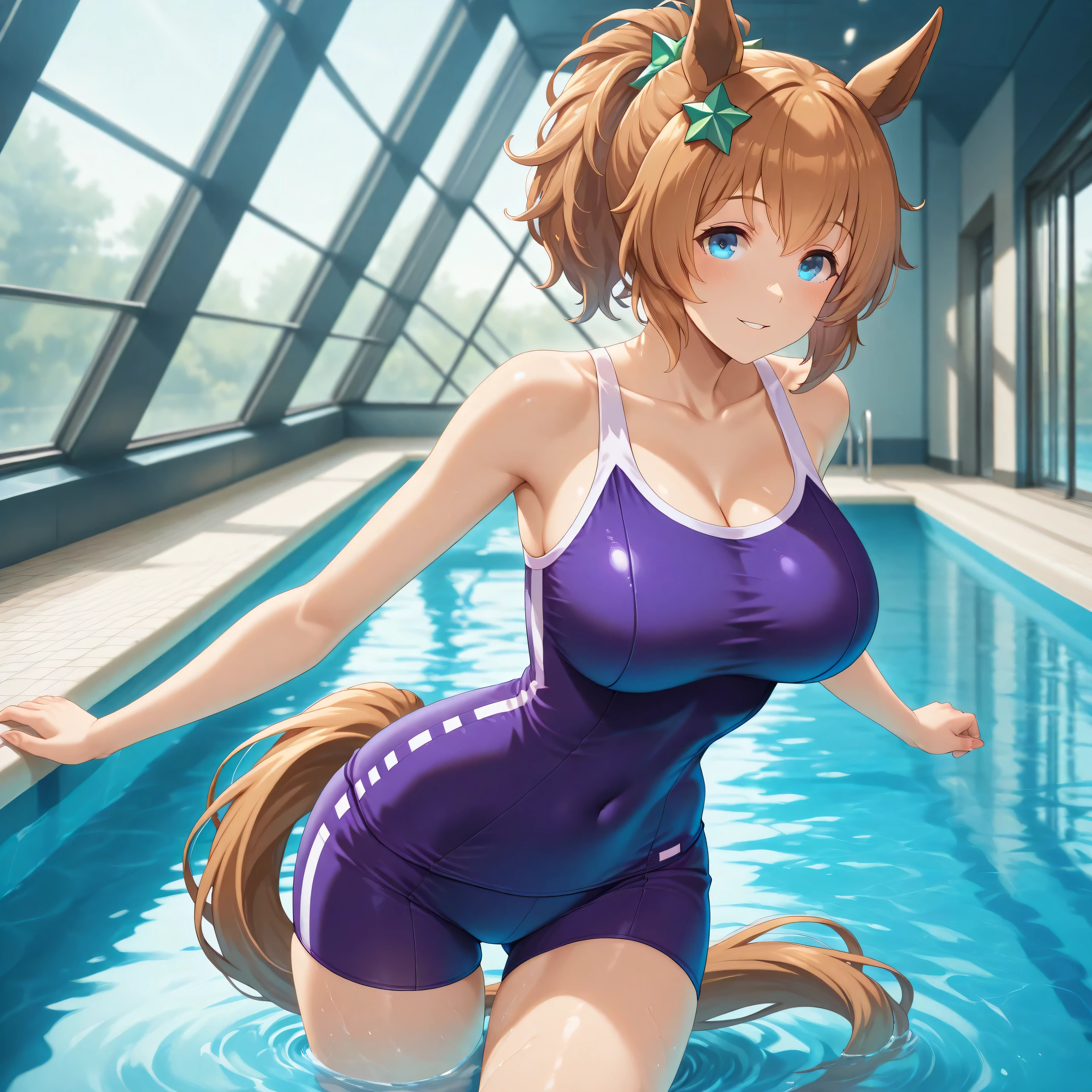masterpiece, best quality, detailed, highly detailed, ultra detailed, extremely detailed CG, high resolution, 4K, 1girl, solo, aston machan \(umamusume\), big breasts, standing, from below, school swimsuits, wet, cameltoe,