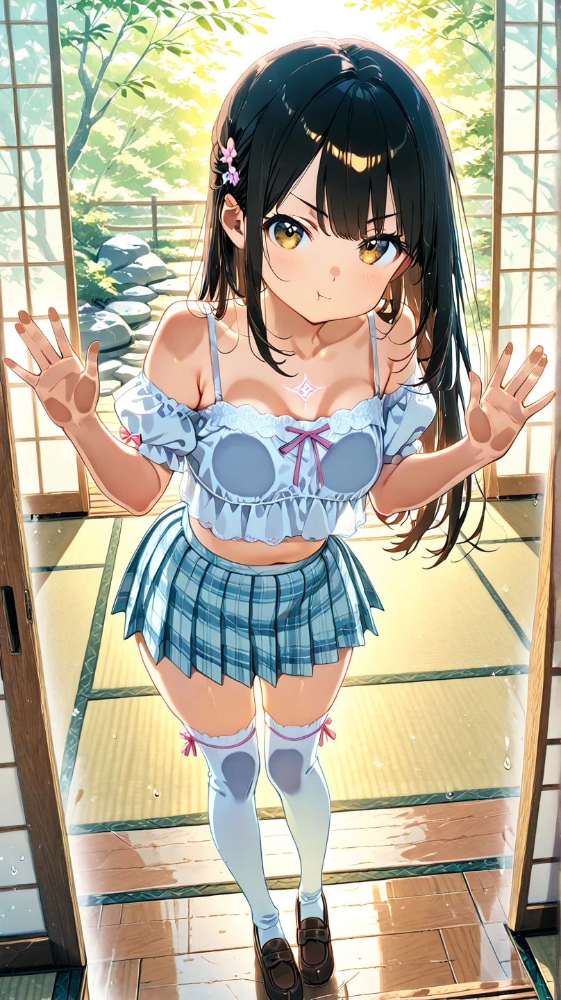 (((masterpiece, highest quality,8k))),Beautiful lighting,View Viewer,face and body straight at the camera,pink nurse,white garter belt,white stockings,white bra,white panties,open mouth,((nsfw,hentai,vulgarity)),Sexually suggestive,seductive smile,nervous smile,enjoy,13 years old,slender,middle hair, little two side up,flat chest,shiny hair,Fair skin,Straight black hair