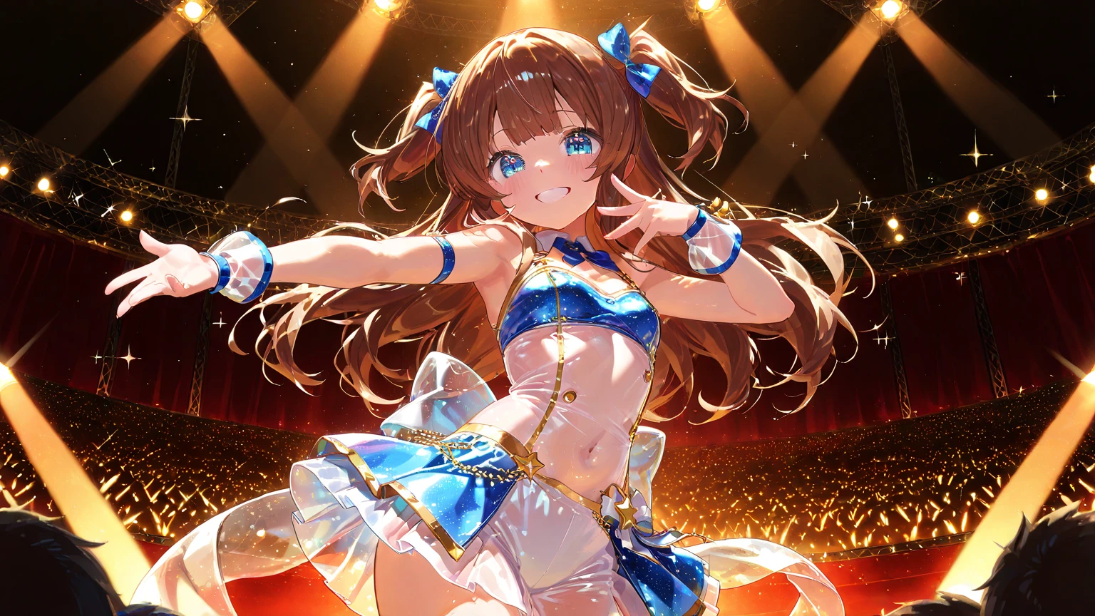 whole body, Dancing, Dynamic pose, Dynamic Angle, girl, 20-year-old, Long Hair, Light brown hair, Curly Hair, Happy, smile, Big bright blue eyes, Large Breasts, Idol Costumes, Midliftp, mini skirt, on stage, Absurd, Very detailed, masterpiece, high quality, wallpaper 8k CG