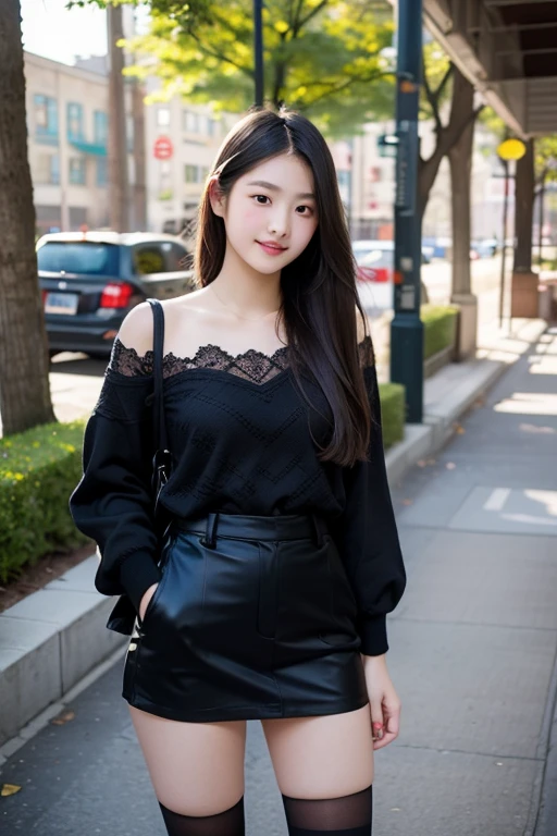 (a gorgeous young korean lady, detailed face with large expressive eyes, long eyelashes, symmetrical face, delicate features, voluptuous figure, kind smile, short bob hair, wearing black top and short skirt, standing on city street, highly detailed, 8k, masterpiece, masterful lighting, cinematic composition, photorealistic, volumetric lighting, vibrant colors, elegant, graceful, charming, bokeh, the_cowboy_shot, lonely night)