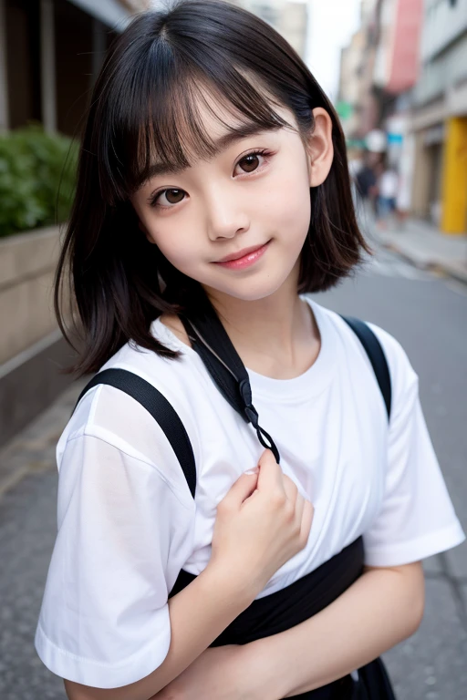 masterpiece、Highest quality、Girl 1、Ultra-detailed、Low Gaze　Black Hair、short hair、Barrette　Purple eyes　blush　sporty　On all fours、Crawling hand in hand、Crawling on the floor、View from the front、Face is close