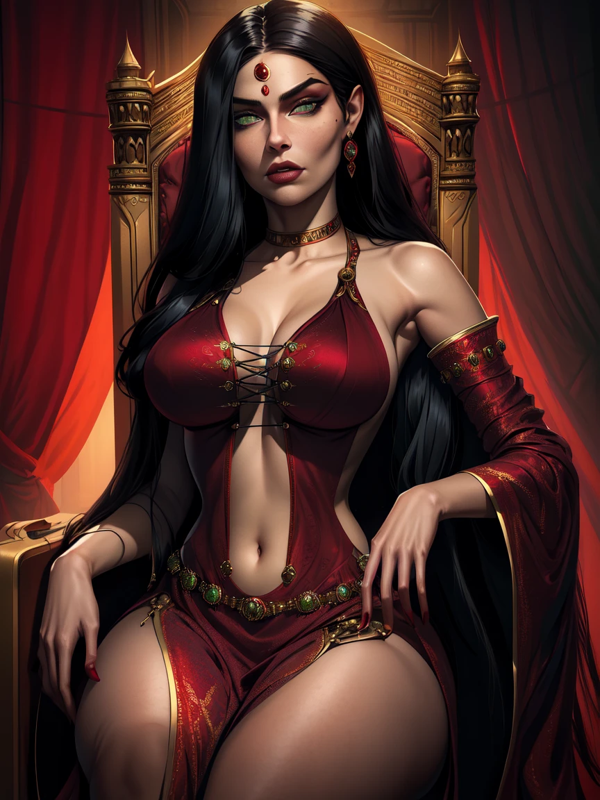 Masterfully detailed extremely realistic digital art of beautiful woman, mystic woman standing pose, flirty look, grey skin, beautiful face, dark red eyes, eye bags, eyelashes, makeup, pouty lips, nose, keen pointy ears, eyebrows, chin, wide jaw, cheeks, (long tied back black hair), breasts, skin details, navy_blue long mage robes, embroidered, bracelets, necklace, creoles earrings, background luxury turkish room at night, magic oriental lanter lights, dim light, low key, shadows, sharp focus, <lora:coloredSkin-08:0.45>