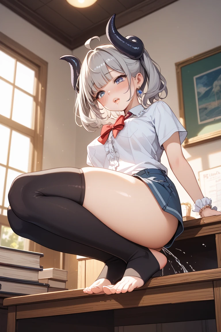 highest quality、masterpiece、1 girl、(dog ears)、(blush:1.5)、(smile:1.5)、((fun!!))、cute、(silver hair)、、high school girl、((classroom:1.5))、()、、Kamimei、look at me、(No panties:1.3)、((shaved pussy:1.5)), ((red bow tie, , black jacket, open jacket, white cardigan, white shirt, black skirt, plaid skirt、black socks))、 (No panties:1.3)、((shaved pussy:1.5))、(highly detailed closed labia:1.5)、((pee is coming out:1.8))、peeing、long hair、blue eyes