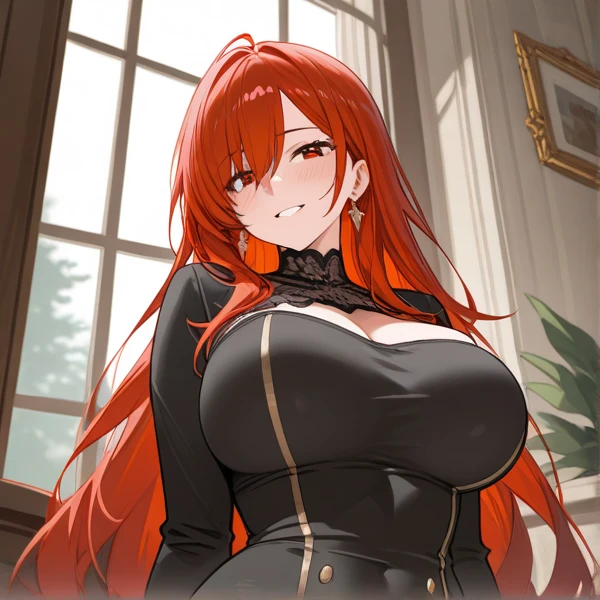 A tall beautiful cool woman with a big chest, long wavy red hair, her round red eye shines with a big black eyelash, she wears a metallic black corset bra covered with a transparent shirt, black net, her body shows her navel and long silver pants. 