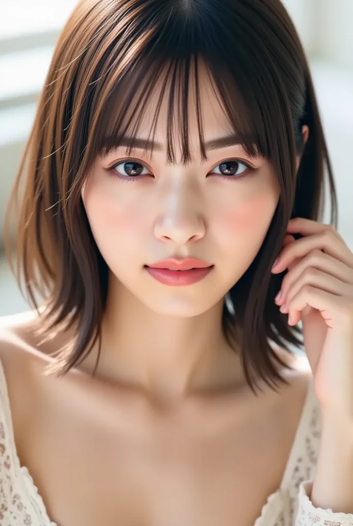 (masterpiece),(Highest quality:1.2),(Very detailed:1.2),(High resolution),(Photorealistic Stick),(RAW Photos),8K,Backlight,(Written boundary depth),(Sophisticated lighting:1.1), (Improving the lighting quality of movies:0.9),Close-up of a dressed woman,Soft portrait photography,Beautiful Japanese Woman,Gorgeous face portrait,(Eye light,Sharp pupils,Detailed eye drawing,)Very beautiful face,(Detailed skin texture:1.3),(Beautiful portrait:1.2),A lovely and delicate face,Beautiful young Japanese woman,Short Bob,Look here,front,(pov shot),(sleepy),Face close-up, T-Shirts,((Bedhead))