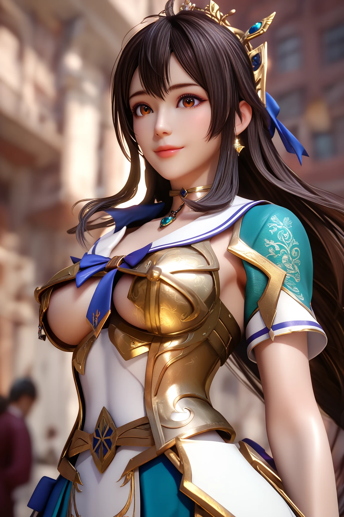 Very beautiful woman、Slender women、(Detailed face)、Realistic Skin、((Holy Knight)), ((Gold and navy platinum armor))、((((Extremely detailed and intricately decorated armor:1.1))))、((Delicate photo))，(Girl Astepeace RAW Photo Details:1.25), (Highest quality:1.6), (Ultra-high resolution:1.5), (Realistic:1.75), 8K resolution, Canon EOS R5, 50mm, Absurd, Very detailed,Cinema Lighting,((Fightfield))、((Fight))、(((White lace ultra-small mini skirt)))、{{{{{Polka dot panties:1.9}}}}},High leg panties:1.2,Thigh-high socks、Shingard、((Light brown hair)), {Floating Hair} ,Long Hair, ponytail,Cape、(((Has a huge weapon)))、(In combat)、The wind is blowing、((Symmetrical armor))、(((Lead a large group of knights:1.2)))、banner、(((Battle Scenes)))、((Browsing Caution:1.2))、(((I can see her panties:1.9))), ((The hem of a skirt fluttering in the wind:1.4)),In a park with a fountain:1.9,