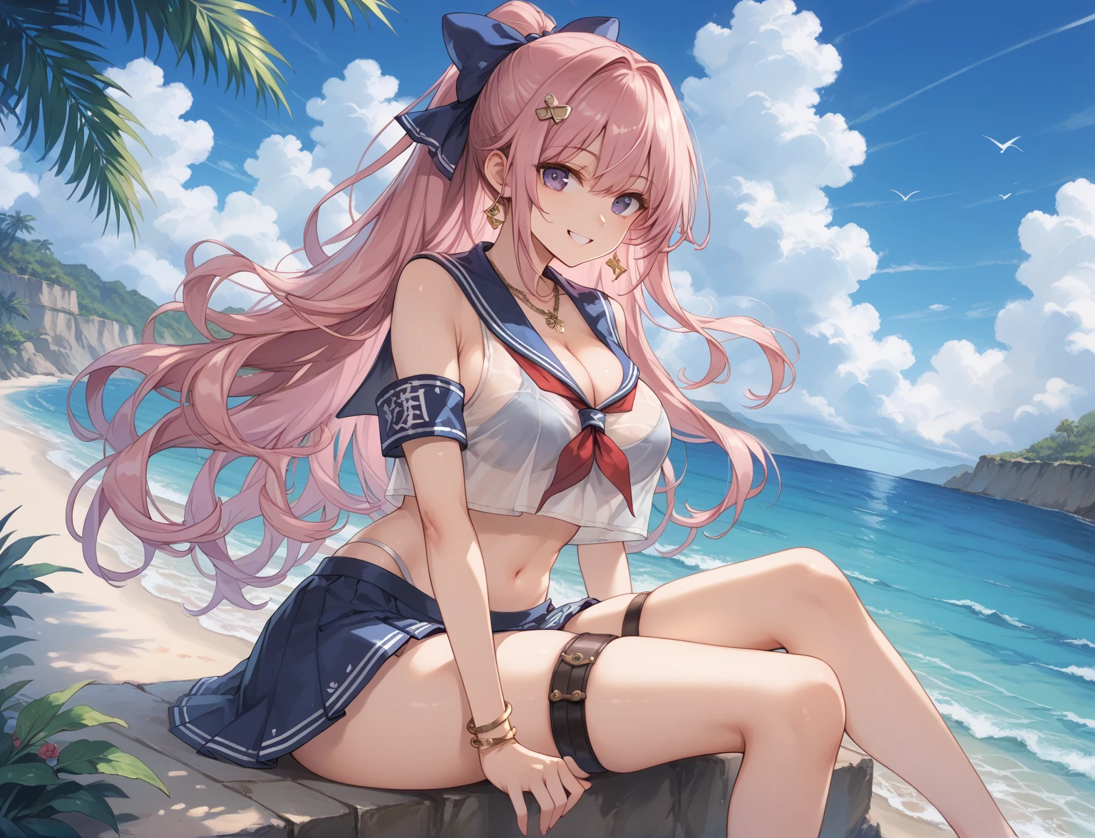 Anime girl posing on beach with pink hair and white bikini, seductive anime girls, oppai, Anime goddess, pixiv 3dcg, Azure archive style, Best Rated on pixiv