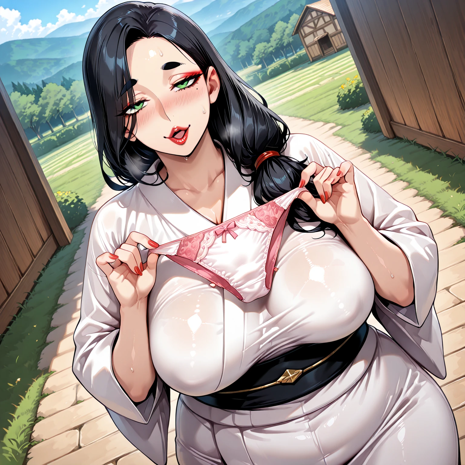 (Best quality, 4k, Masterpiece), hyper realistic, ultra-detailed face, perfect face, perfect eyes, extremely detailed beautiful eyes, shiny eyes, detailed hands and fingers, detailed, cinematic lighting, ((very busty Japanese samurai lady :1.2)), ((thick flowing very long black hair:1.2)), ((side locks, hair tube, hair rings)), curtain bang, beautiful eyes, glossy lipstick, ((coloured lipstick)), big lips, full lips, blue eyes, ((mature woman)), (Voluptuous), (Curvaceous:1.3), (Bimbo), (Milf), ((full body)), (simple smile), sexy, feminine, seductive, alluring, enigmatic, ((gigantic massive natural breasts:1.5)), ((very saggy hanging breasts:1.5)), ((bursting cleavage)), narrow waist, wide hips, thick thighs, huge ass, long legs, scantly samurai armour, katana sword, headband, cherry blossom trees, Japanese shack, detailed background, ((NSFW)), Illustration, anime, ((traditional drawing:1,5)), ((sketch:1.2)), ((cowboy shot))