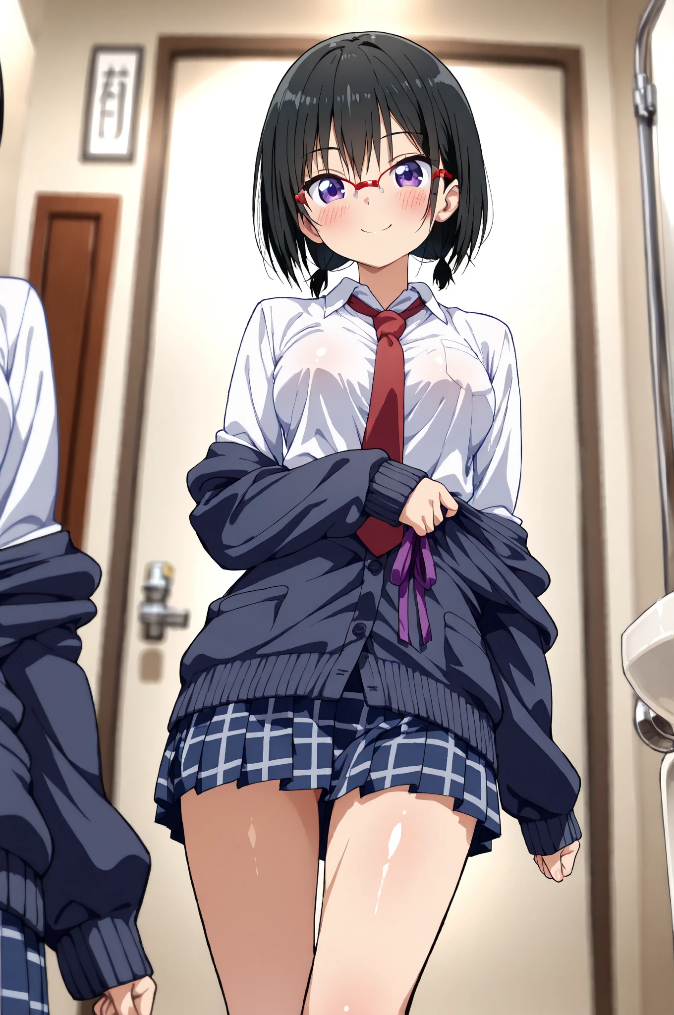harunoyukinoshita, haruno yukinoshita, short hair, Hair between the eyes, (black目:1.5), black髪, Gradient Hair, Two-tone hair, Purple Hair, 30Attractive woman in her teens,
break shirt, whiteのシャツ, Collared shirt, cardigan, black_open_cardigan,
break outdoors, Town, null, sun, people々, crowd, building, cloud,
break looking at viewer,
break (masterpiece:1.2), highest quality, High resolution, unity 8k wallpaper, (figure:0.8), (Beautiful fine details:1.6), (Highly detailed face:1.5), Perfect lighting, Highly detailed CG, (Perfect hands, Perfect ???????), (black_One_Tight Skirt:1.5), (blush), (smile), (Larger breasts), (Wide pelvis:1.5), (Thick thighs:1.5), (Lift up the skirt:1.5), (スカート that rolls up:1.5), (Panties丸見え:1.5), (white_Panties:1.5), (?????? up from below:1.5)