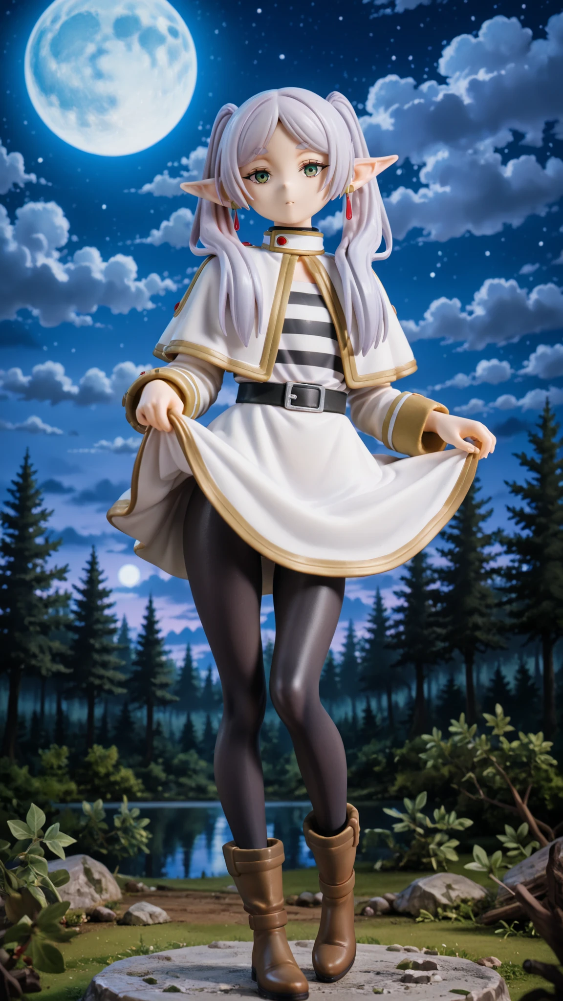 score_9, score_8_up, score_7_up, BREAK
1girl, frieren, green eyes, grey hair, twintails, pointy ears, eyebrows,
white capelet,long sleeves, earrings, striped shirt, black pantyhose, Sexy pose, seductive, flirting, looking at viewer, lifting up her skirt with both hands, skirt lifted high, forest, nighttime, full moon, cloudy, moonlit illumination, front view, full body