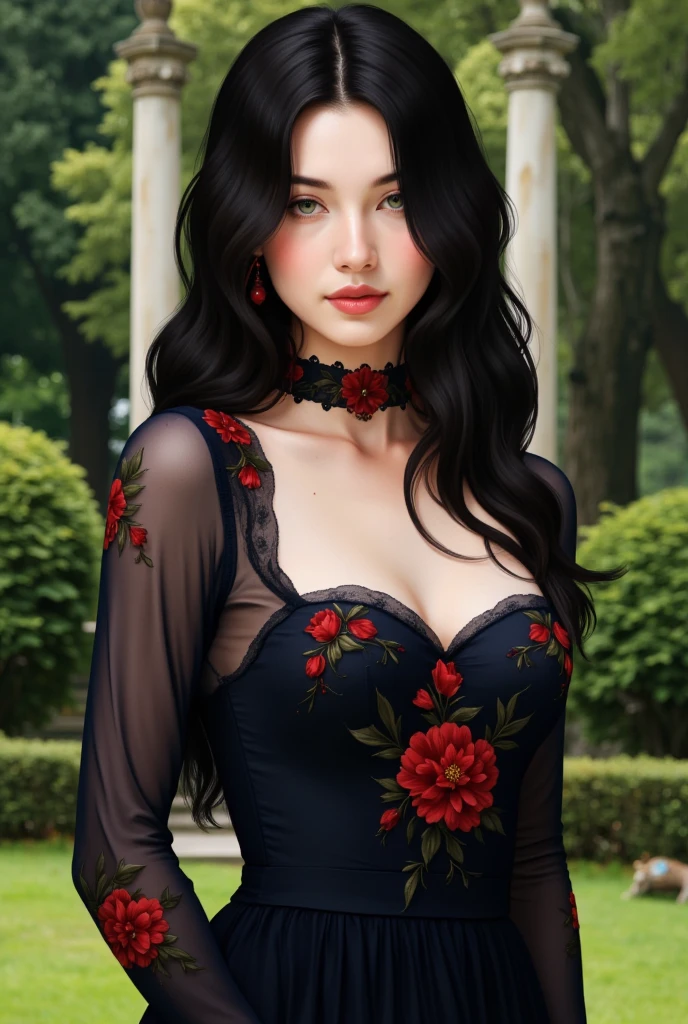 Beautiful black-haired woman with red eyes, elegant and refined, Rose flowers, Highly detailed face, Detailed eyes, beautiful long eyelashes, complicated details, Award-winning digital art, movie light, Amazing color, realistic, 8K, Masterpiece