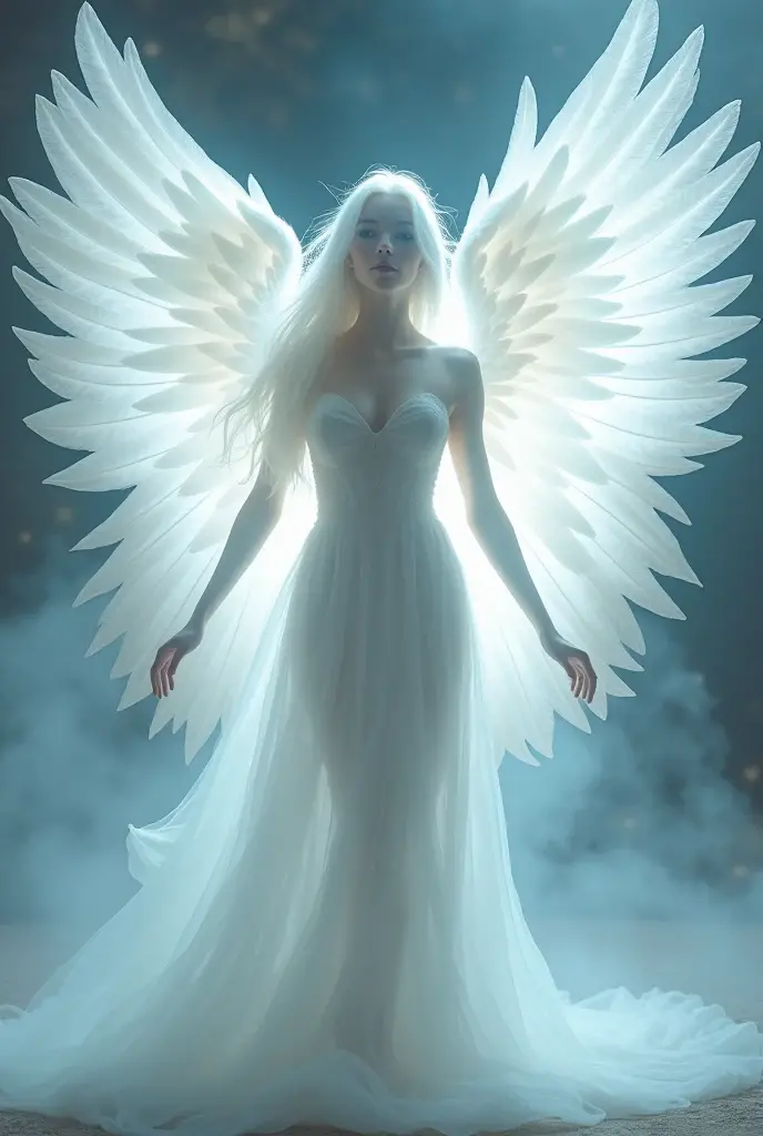 An angel, eternal beauty, flawless skin, transparent eyes, transparent lips, white long hair, white nails, white wings, white fancy dress.